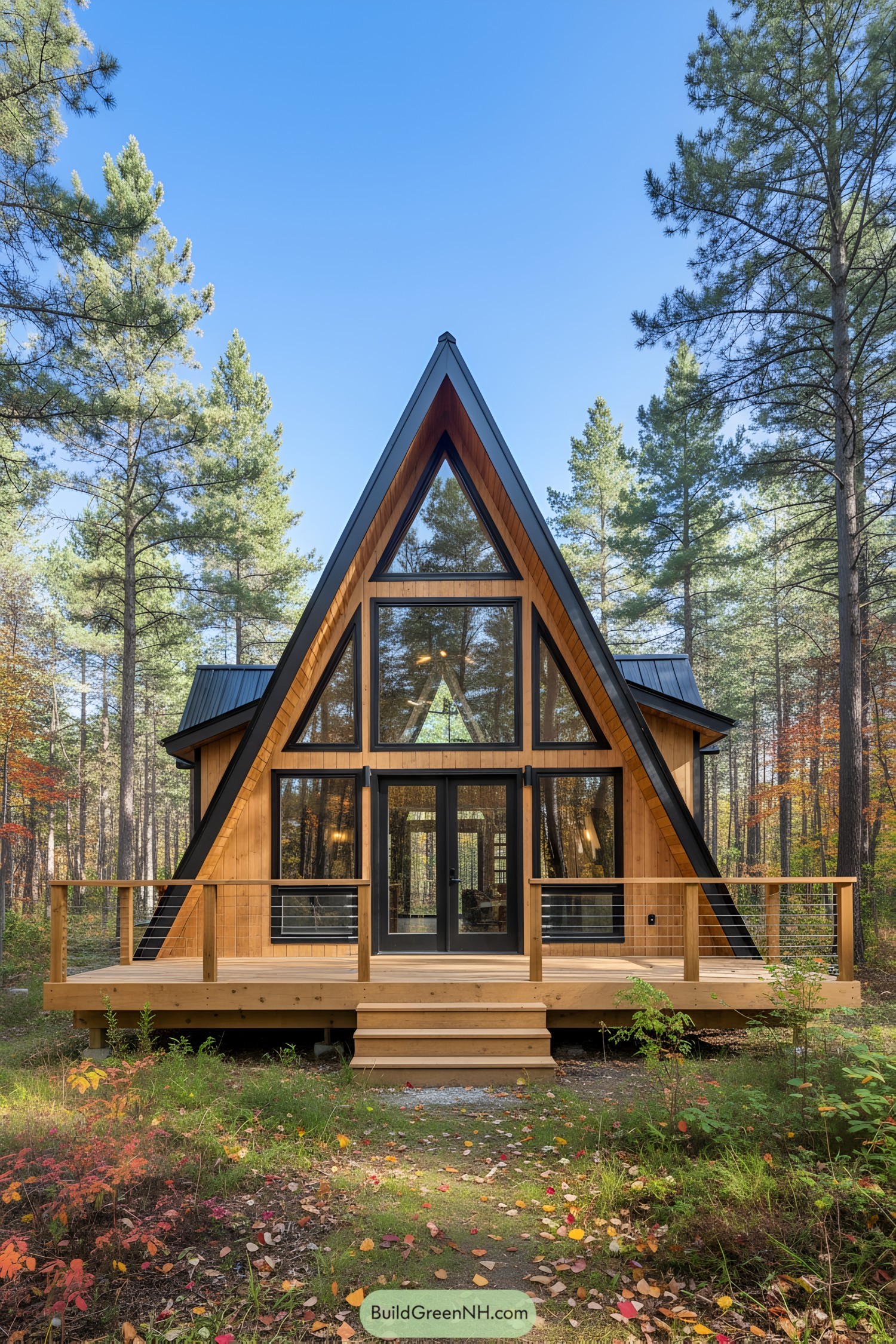 A-frame cabin surrounded by tall trees with a wooden deck