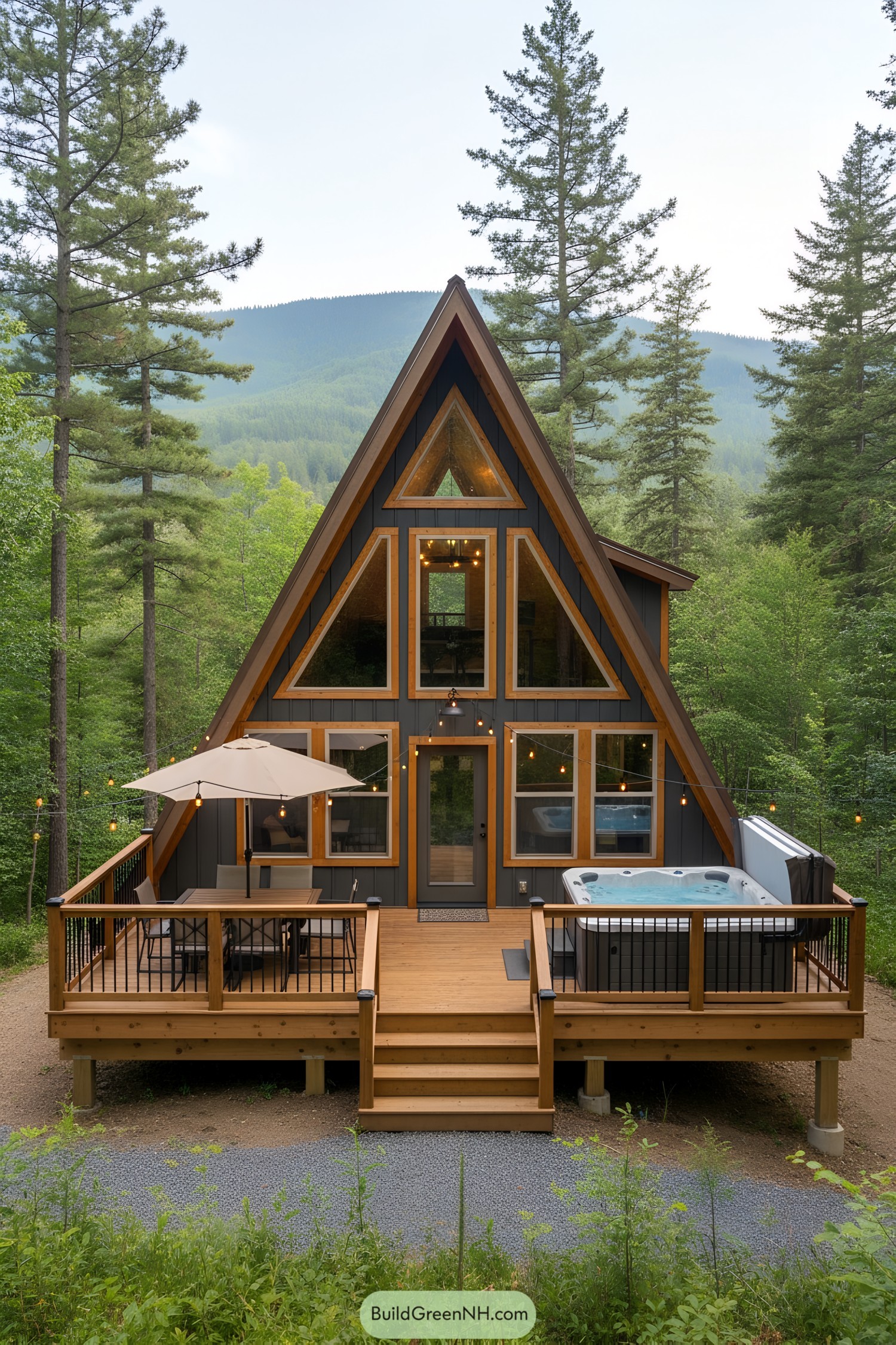 Modern A-frame cabin with a spacious wooden deck