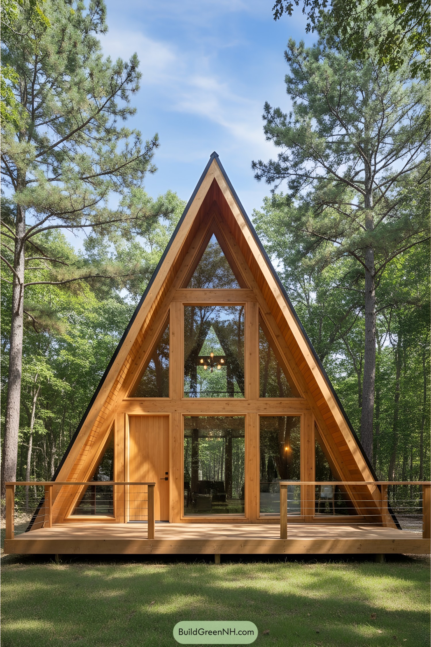 A-Frame cabin amidst lush trees with a wooden deck