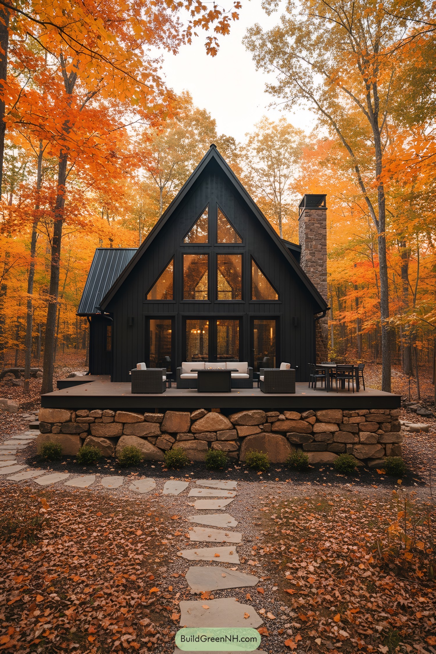 Cozy A-frame cabin with a large front deck