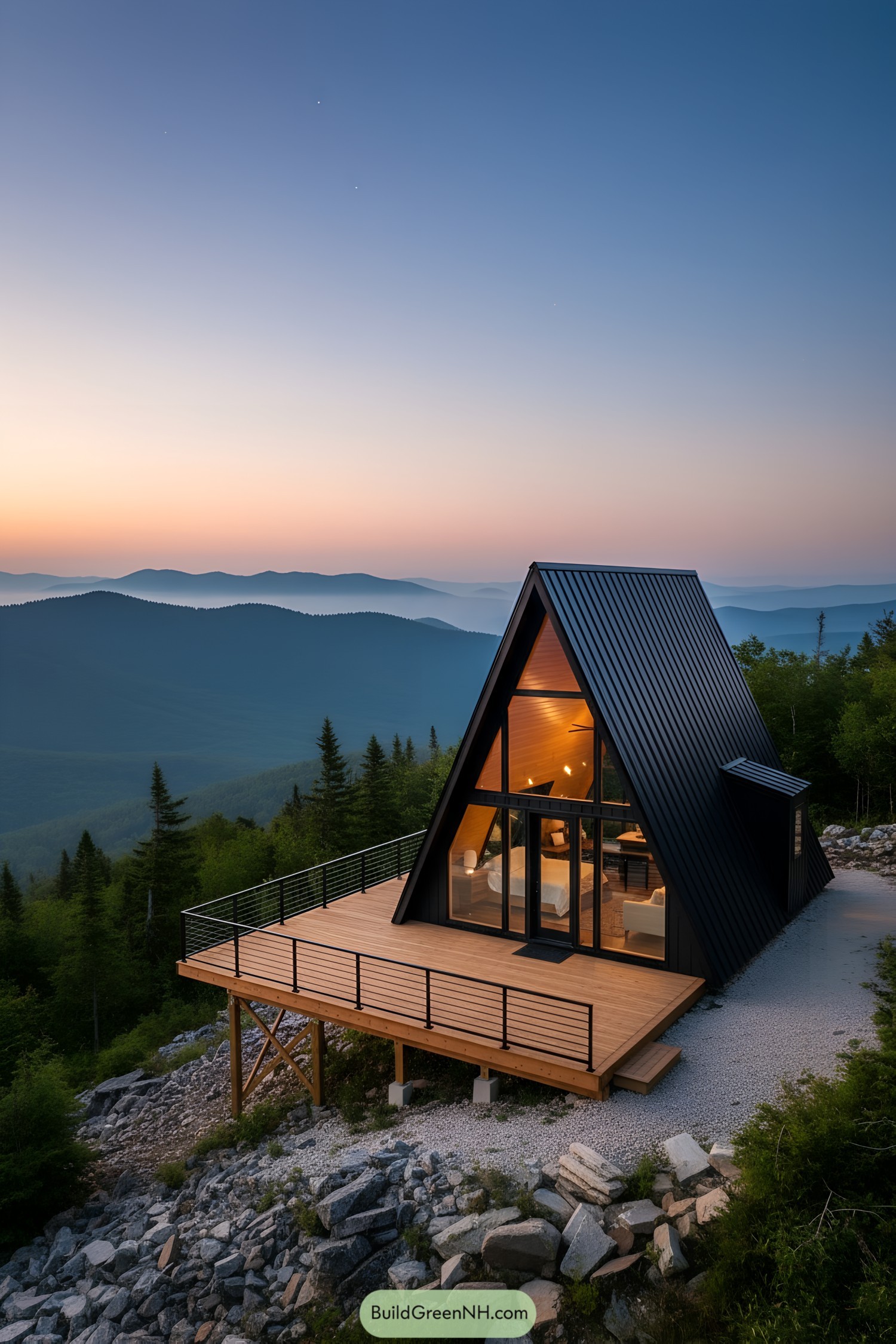 A-frame cabin with a panoramic view from large deck