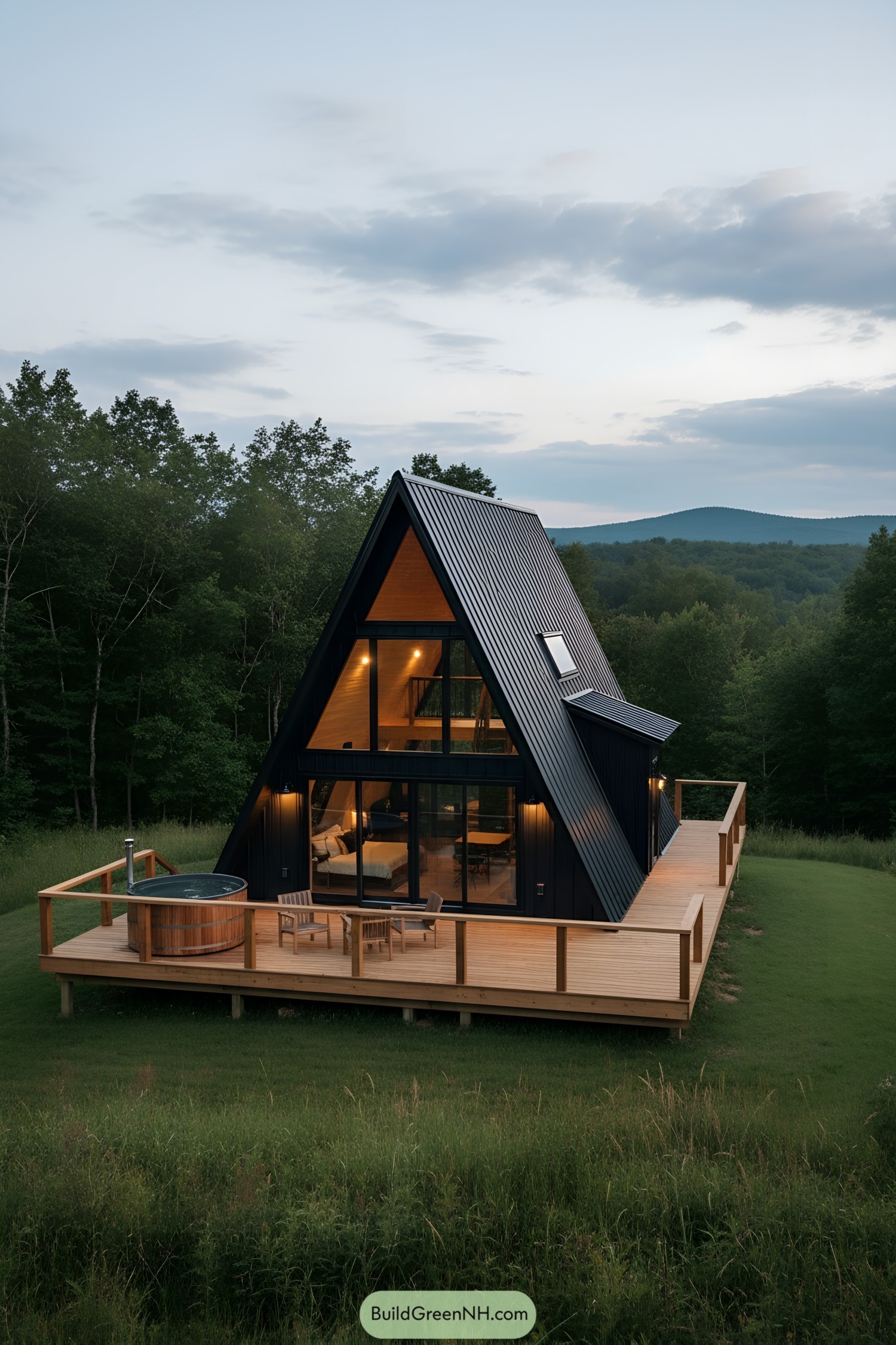 A-frame cabin with expansive deck, hot tub, and forest views