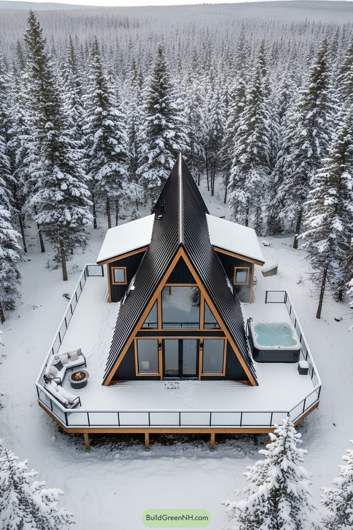 A-frame cabin surrounded by snowy forest