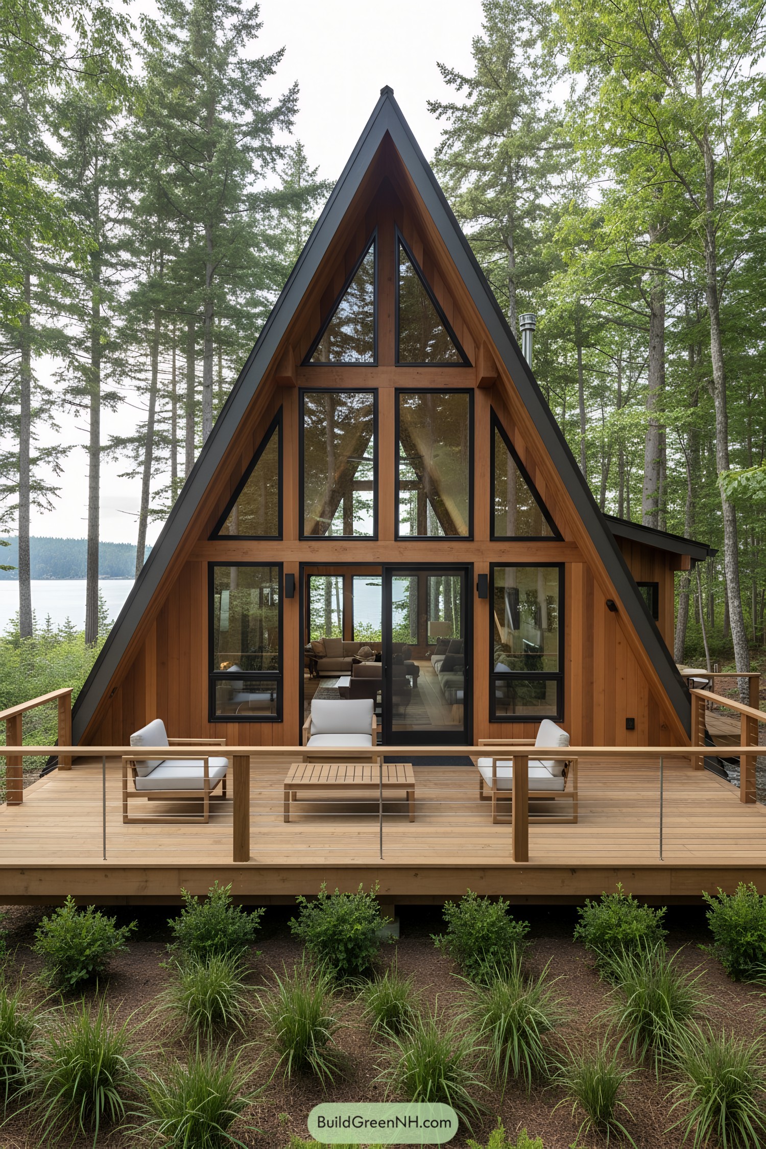 A-Frame cabin with a spacious wooden deck in a forest setting