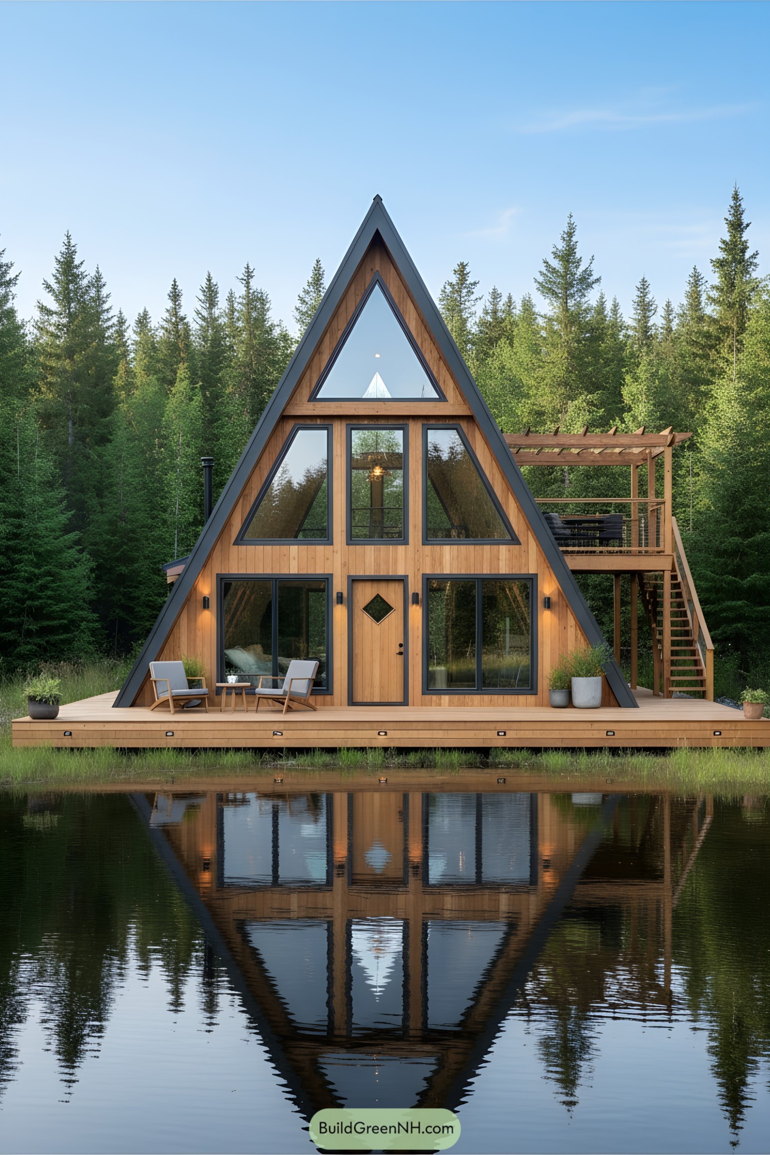 A-frame cabin with a large deck by the water