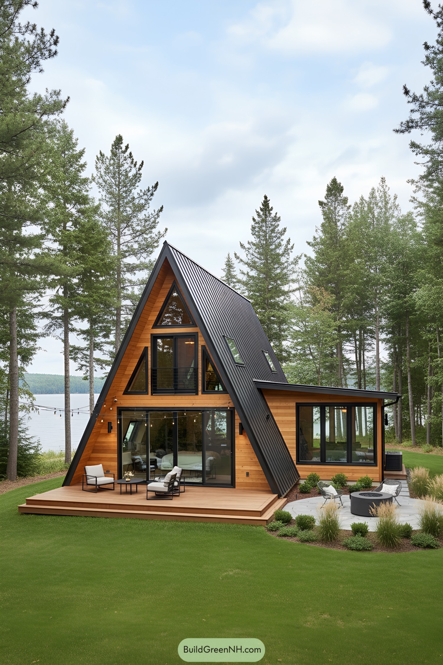 A-frame cabin with a scenic deck surrounded by trees