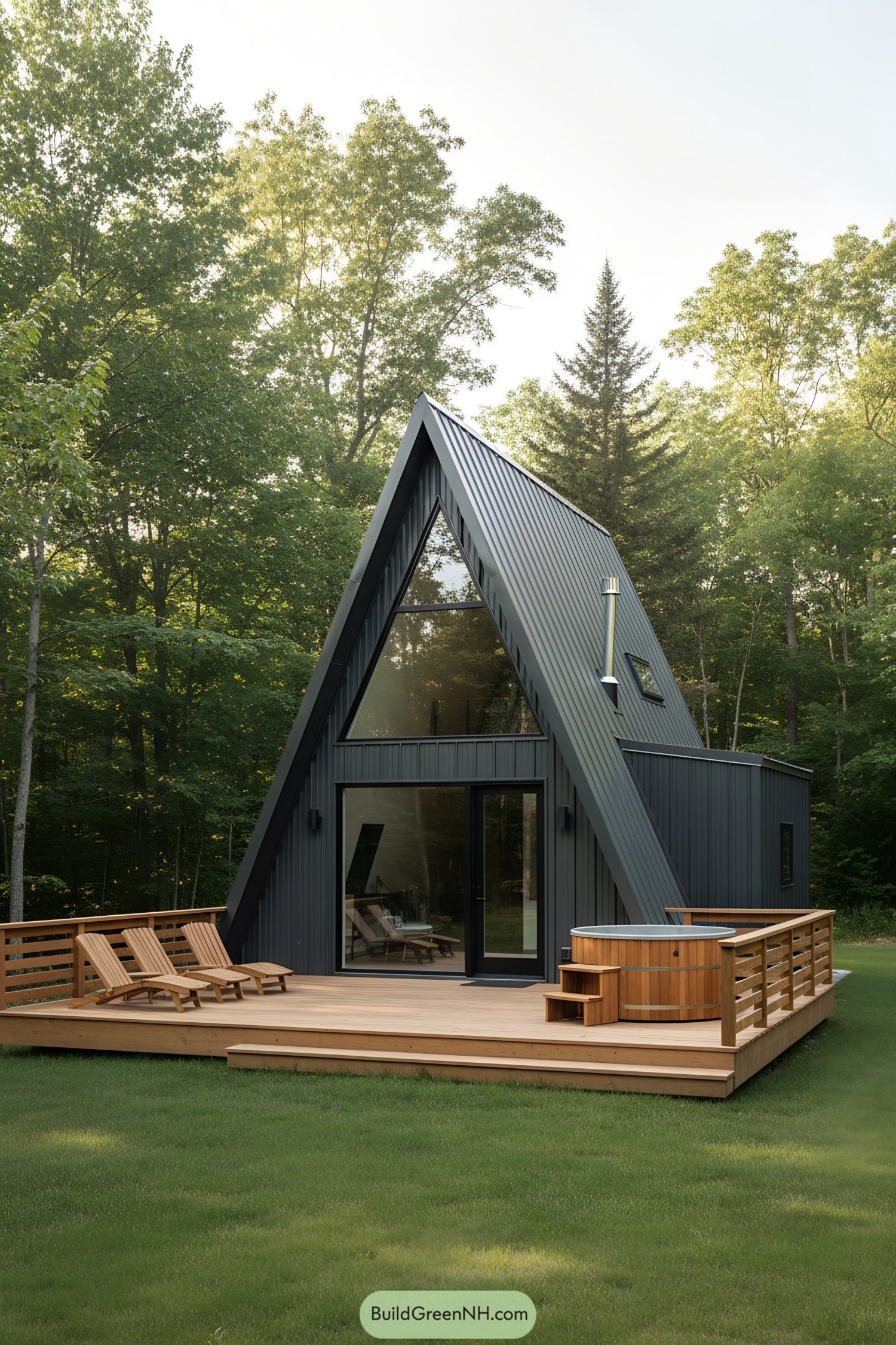 Triangular cabin with a large deck