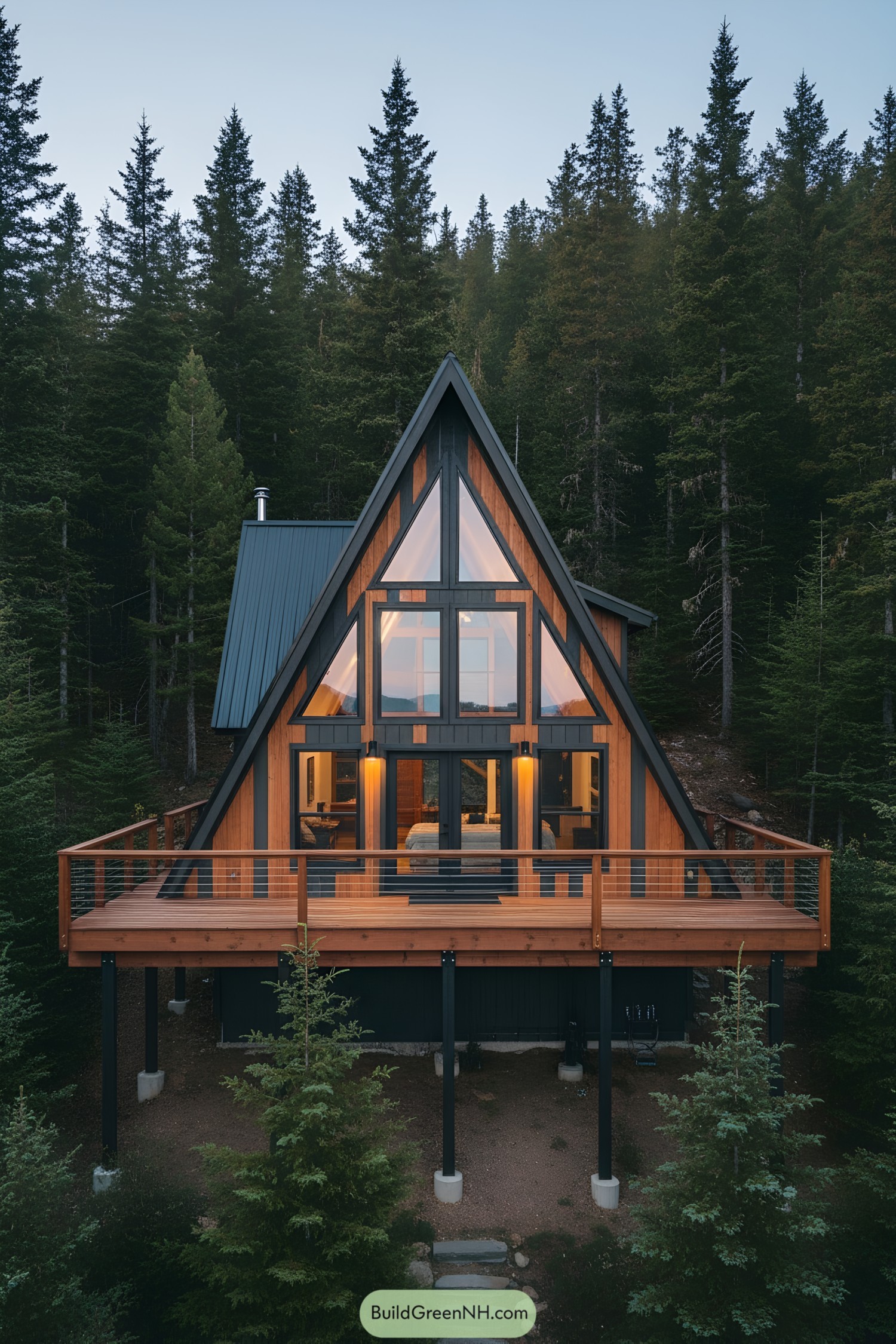 A-frame cabin with a large wooden deck in a forest