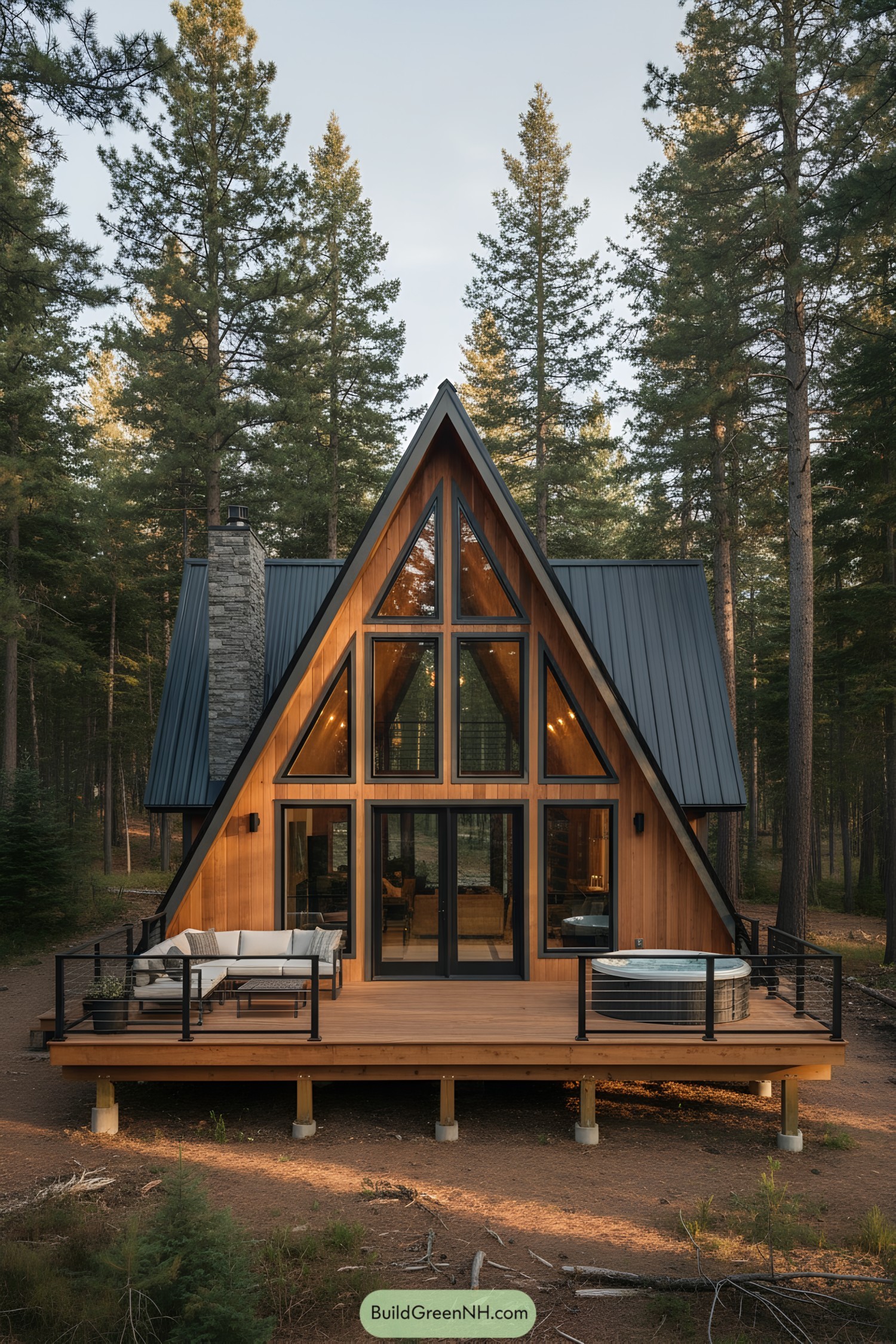 A-Frame cabin with a wooden deck in a forest setting