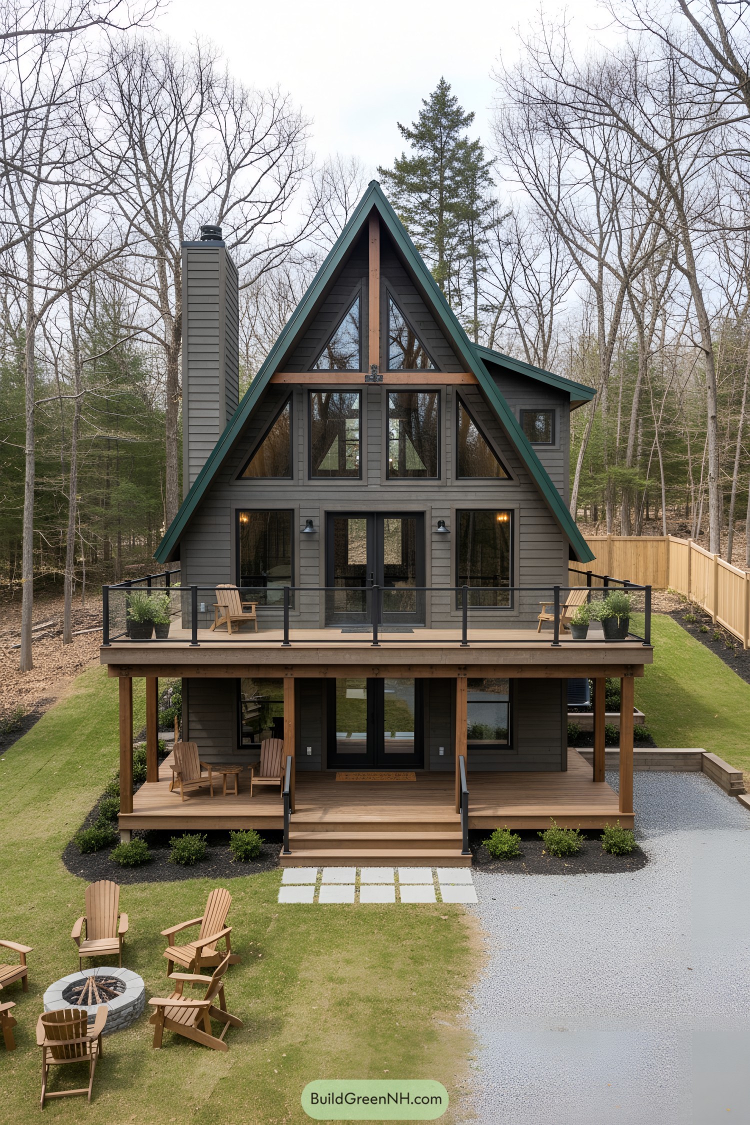 A-frame cabin with spacious decks, surrounded by trees