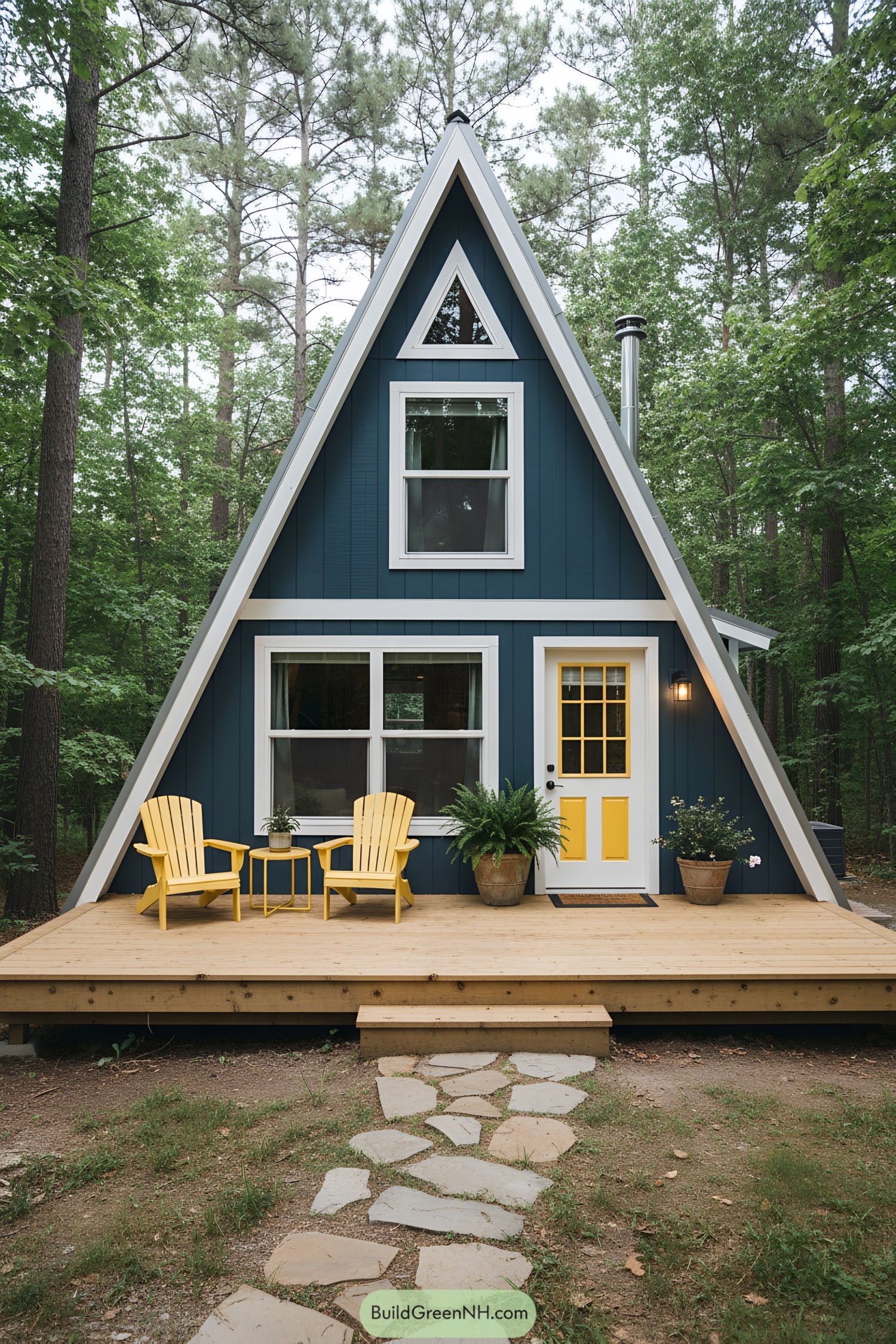 Cozy triangular cabin with a charming deck and vibrant accents