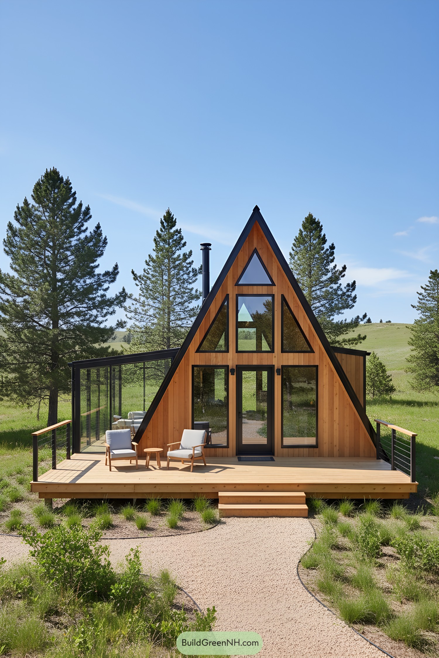 A-frame cabin with expansive deck and sunny skies
