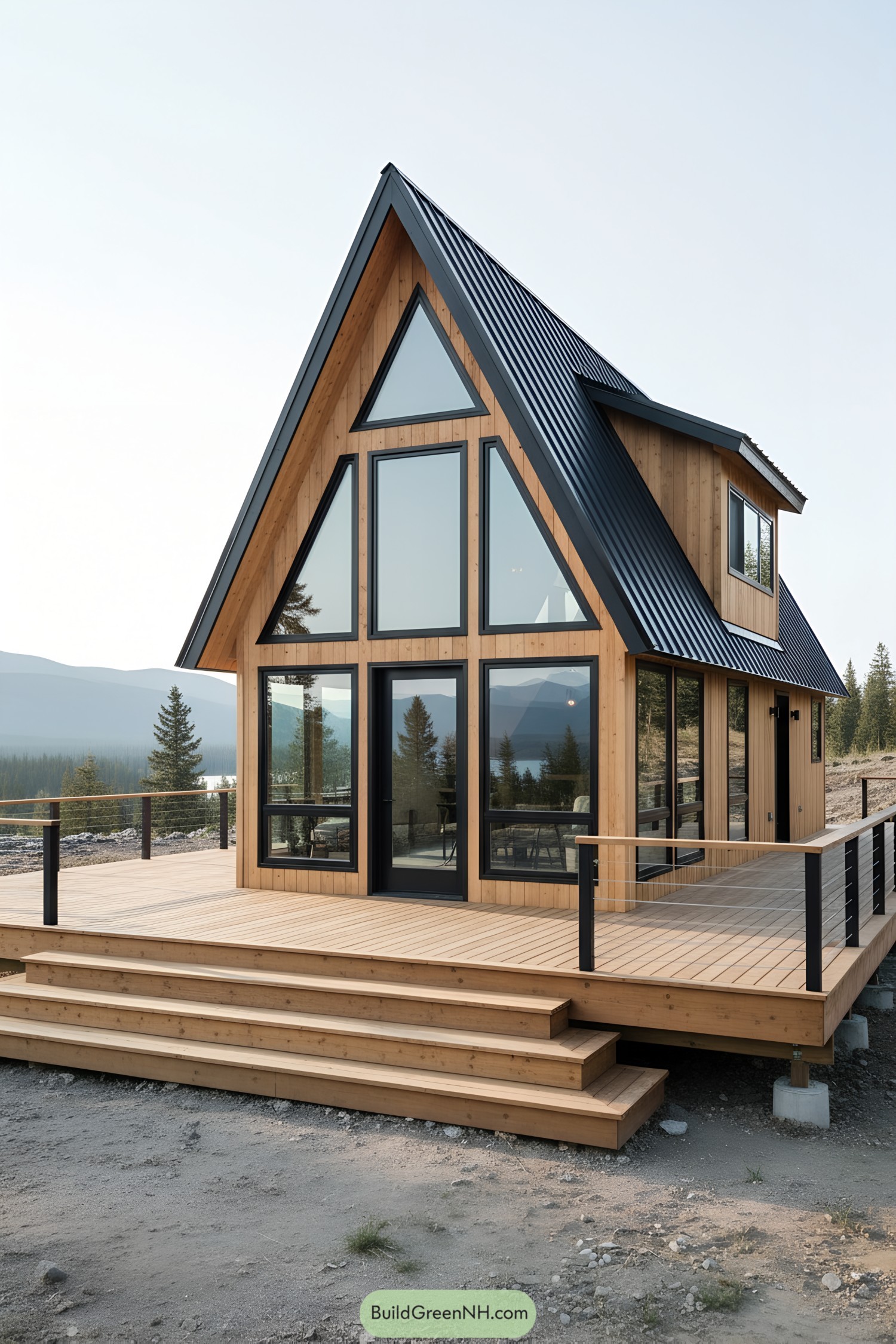 A-frame cabin with a wooden deck and large windows