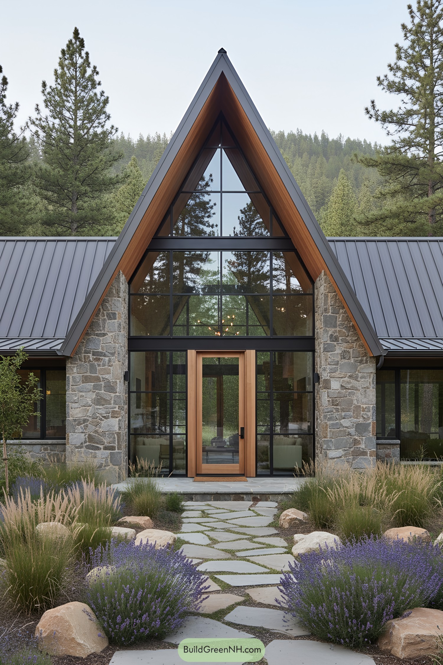 A-frame house with stone and glass facade surrounded by trees