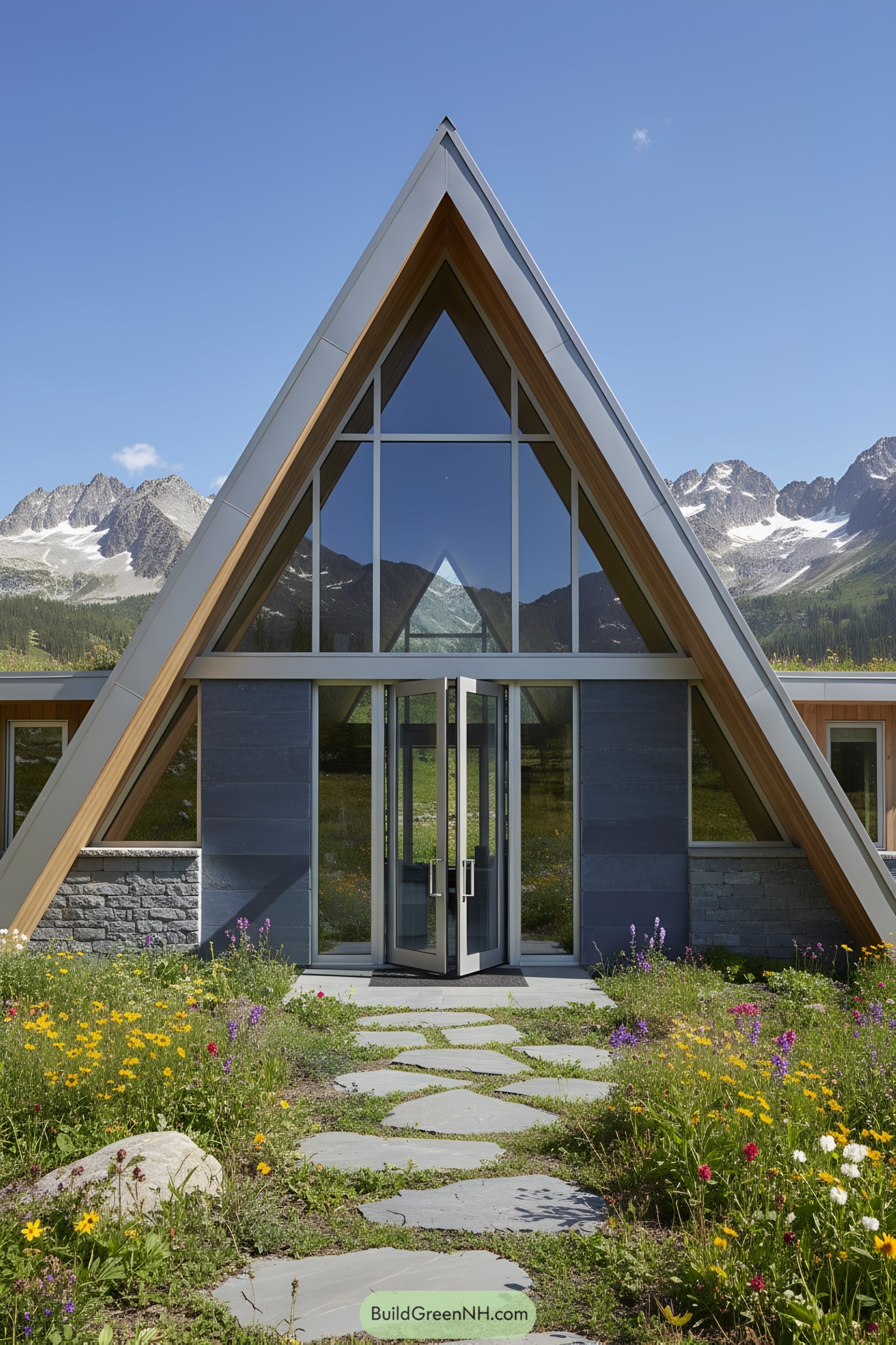 Modern A-frame house with stone facade and glass front