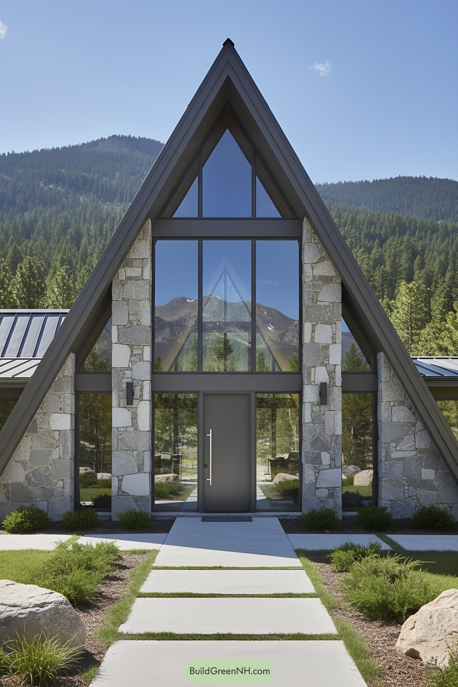 Modern A-frame house with stone and glass facade, set against a mountain backdrop