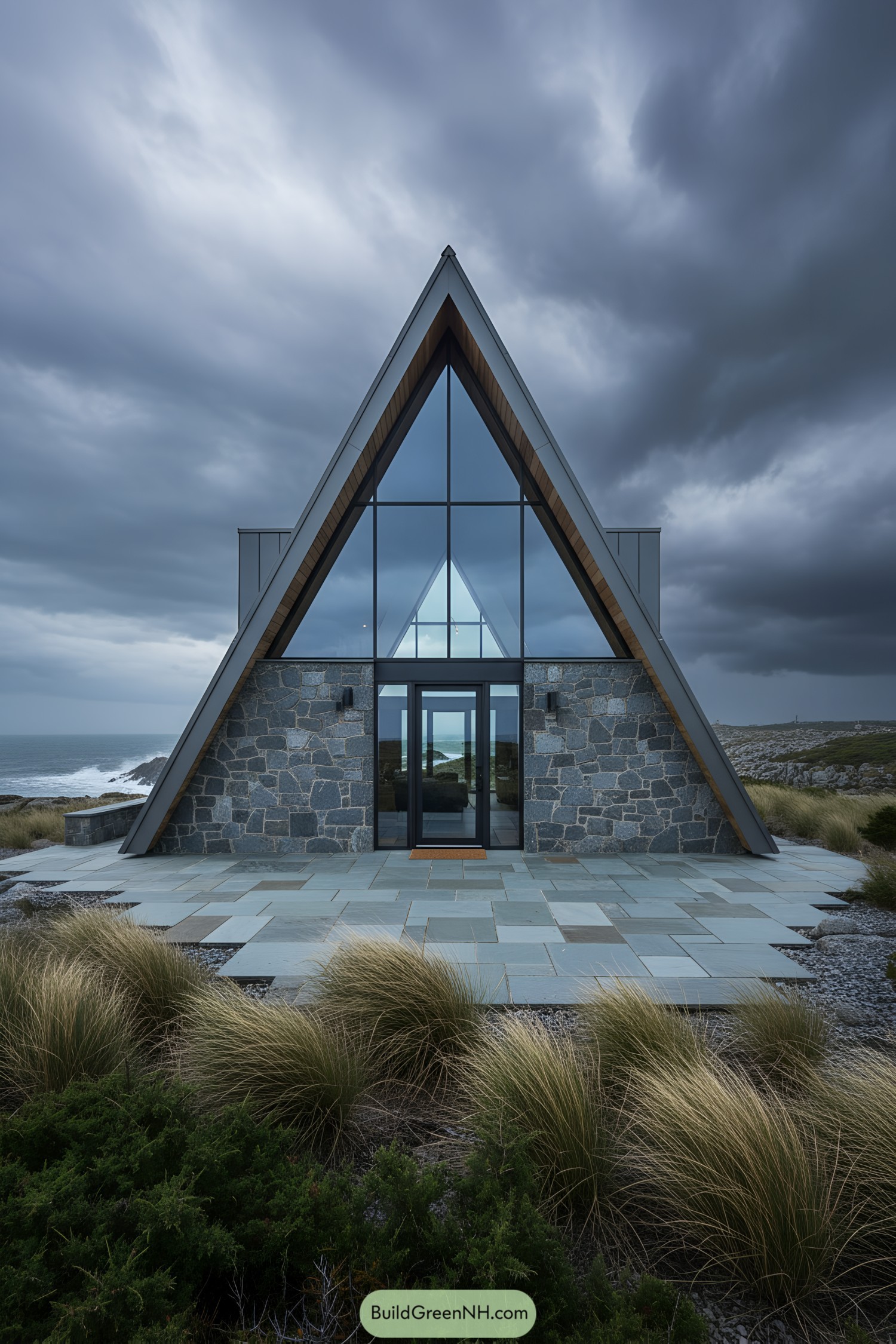 Stone and glass A-frame house with a dramatic sky