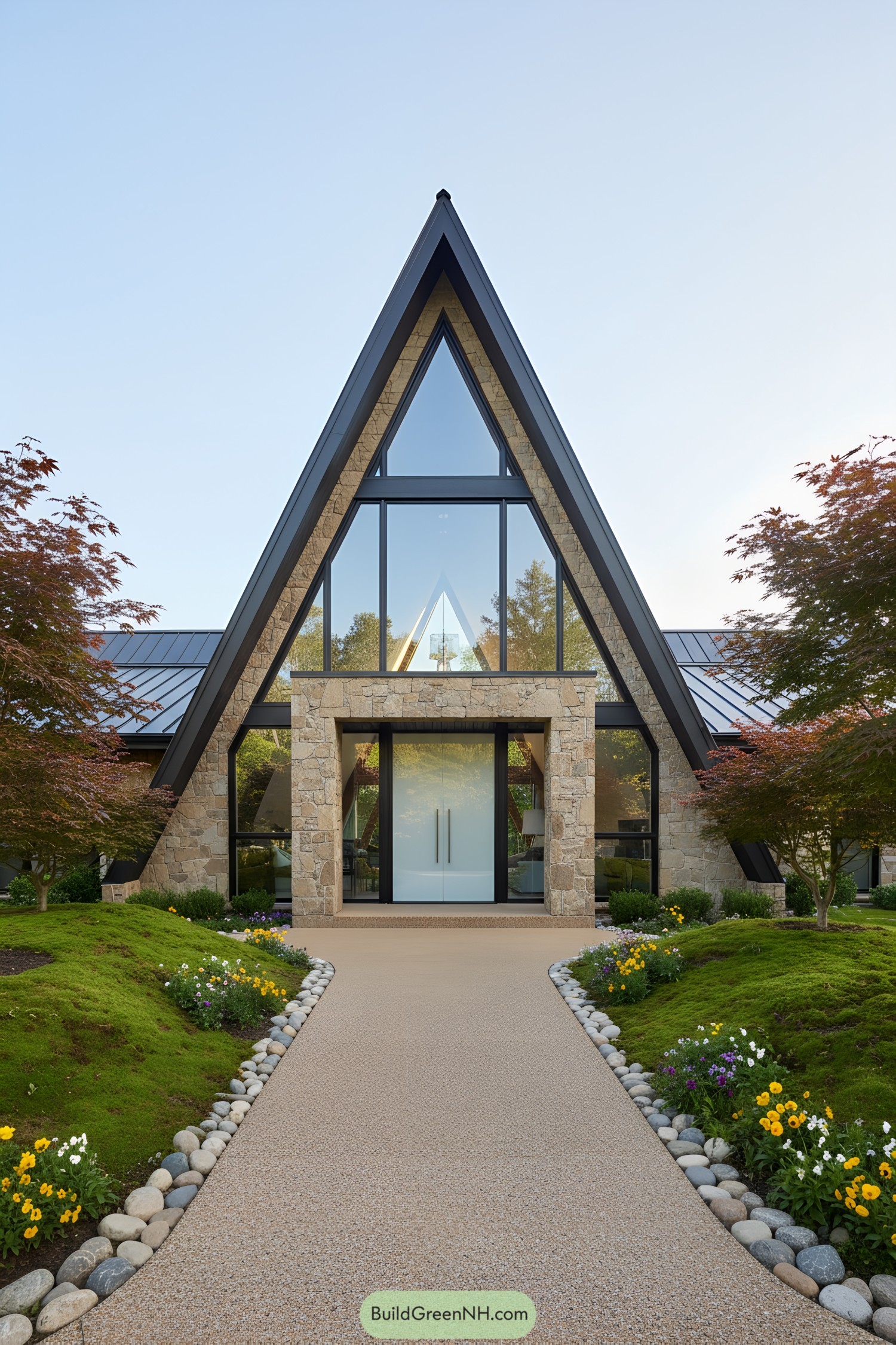 A-frame house with stone facade and glass windows