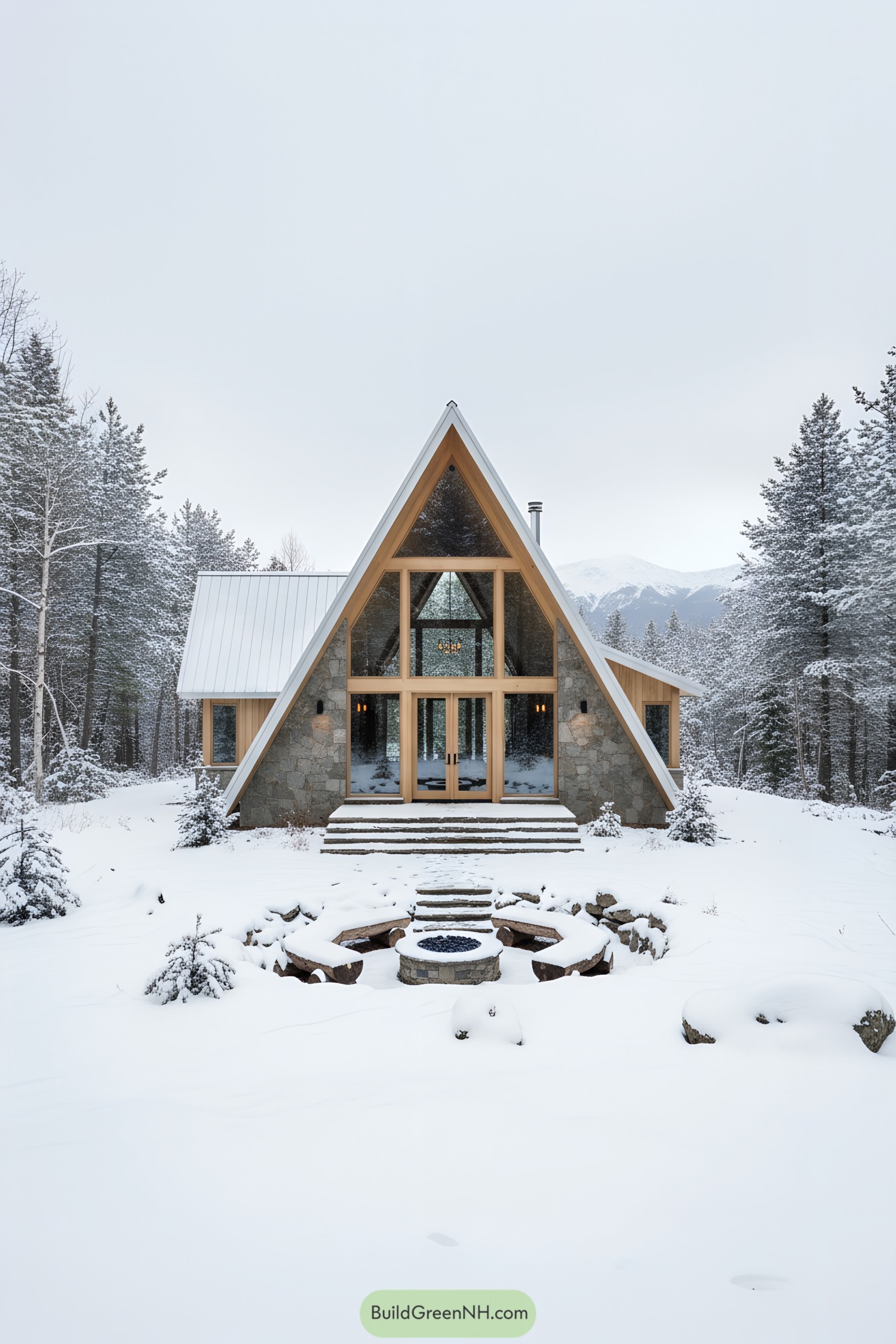 A-frame house with stone facade and large glass windows in a snowy landscape