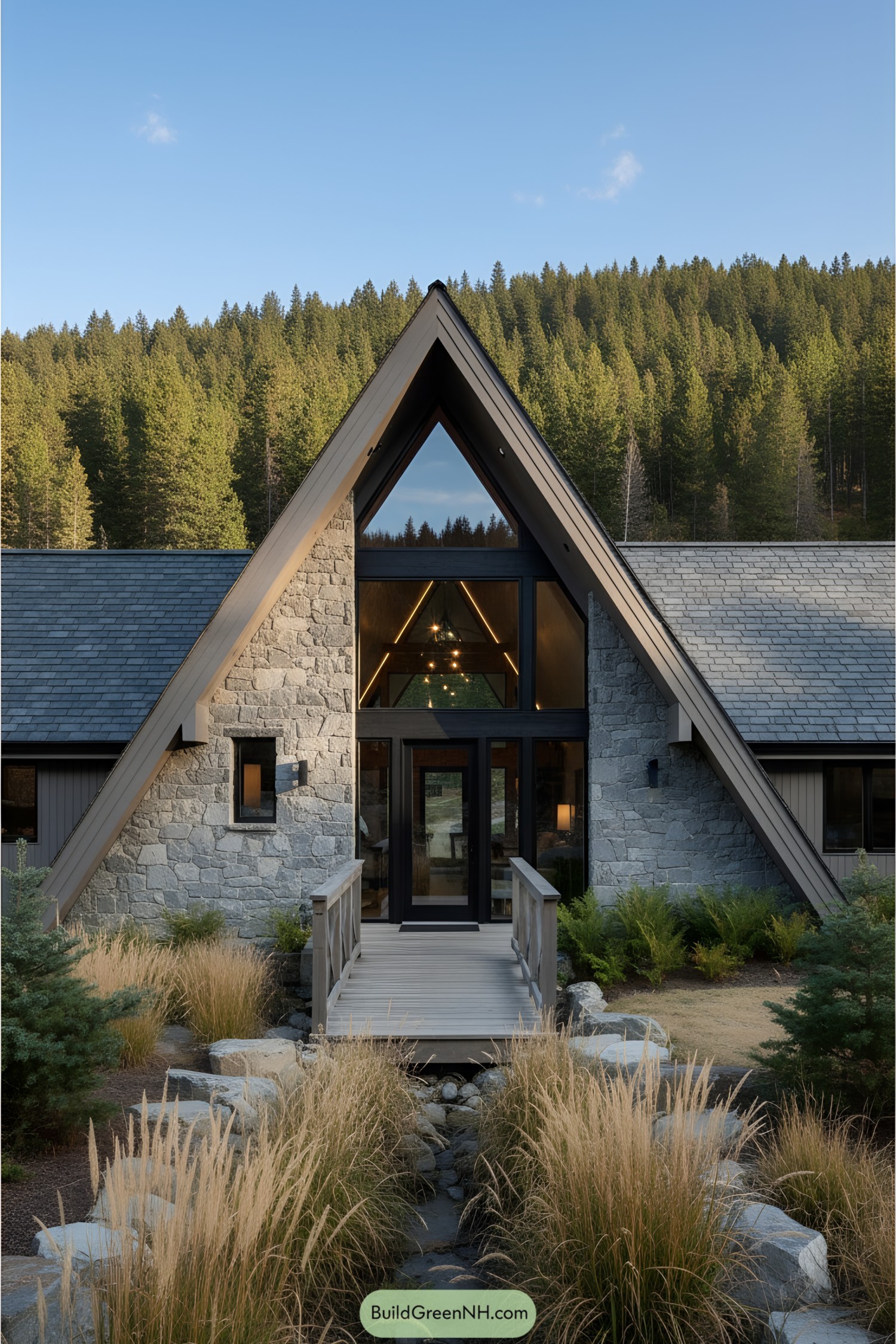 A-frame house with stone and glass facade amidst nature