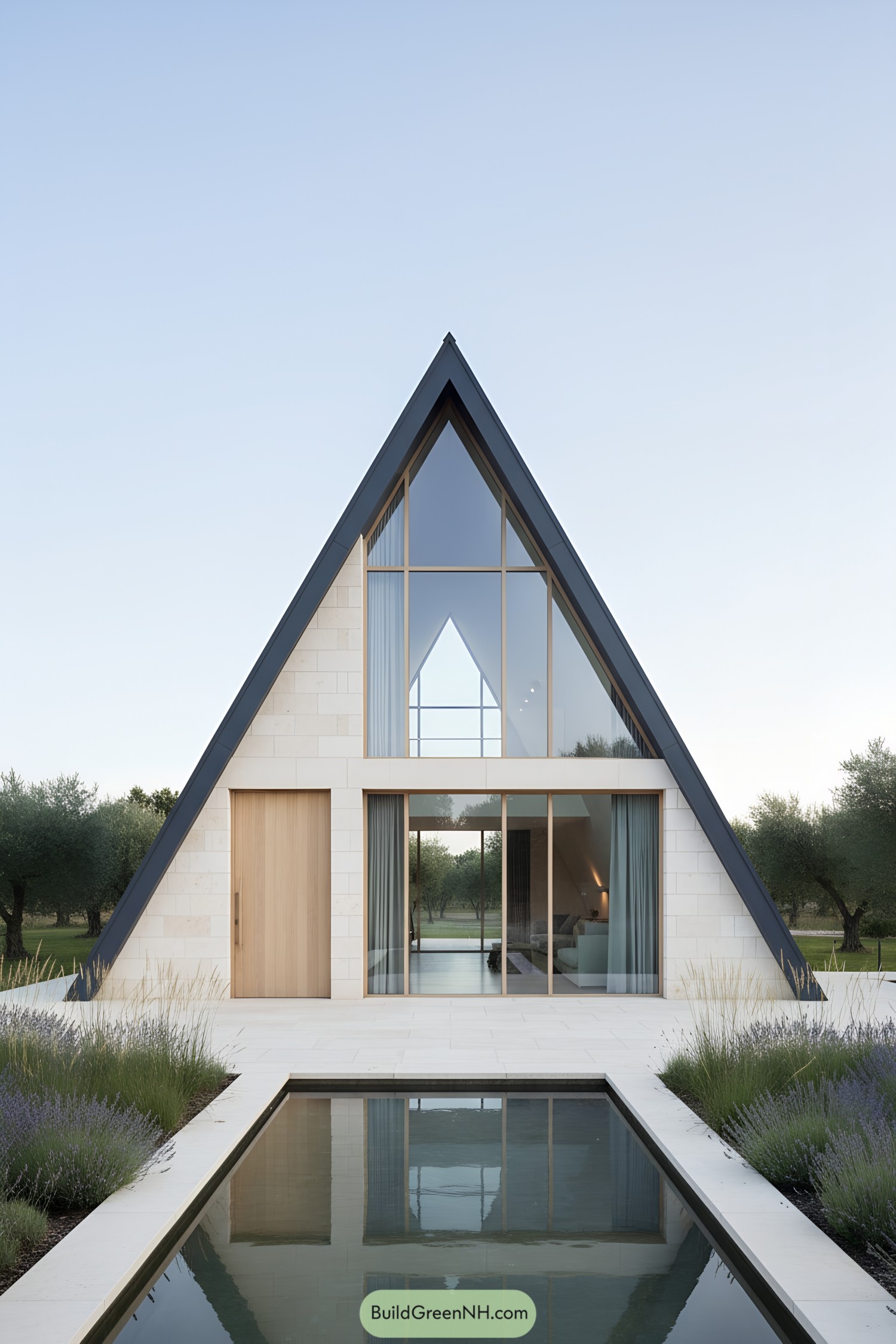 Modern A-frame house with stone and glass facade