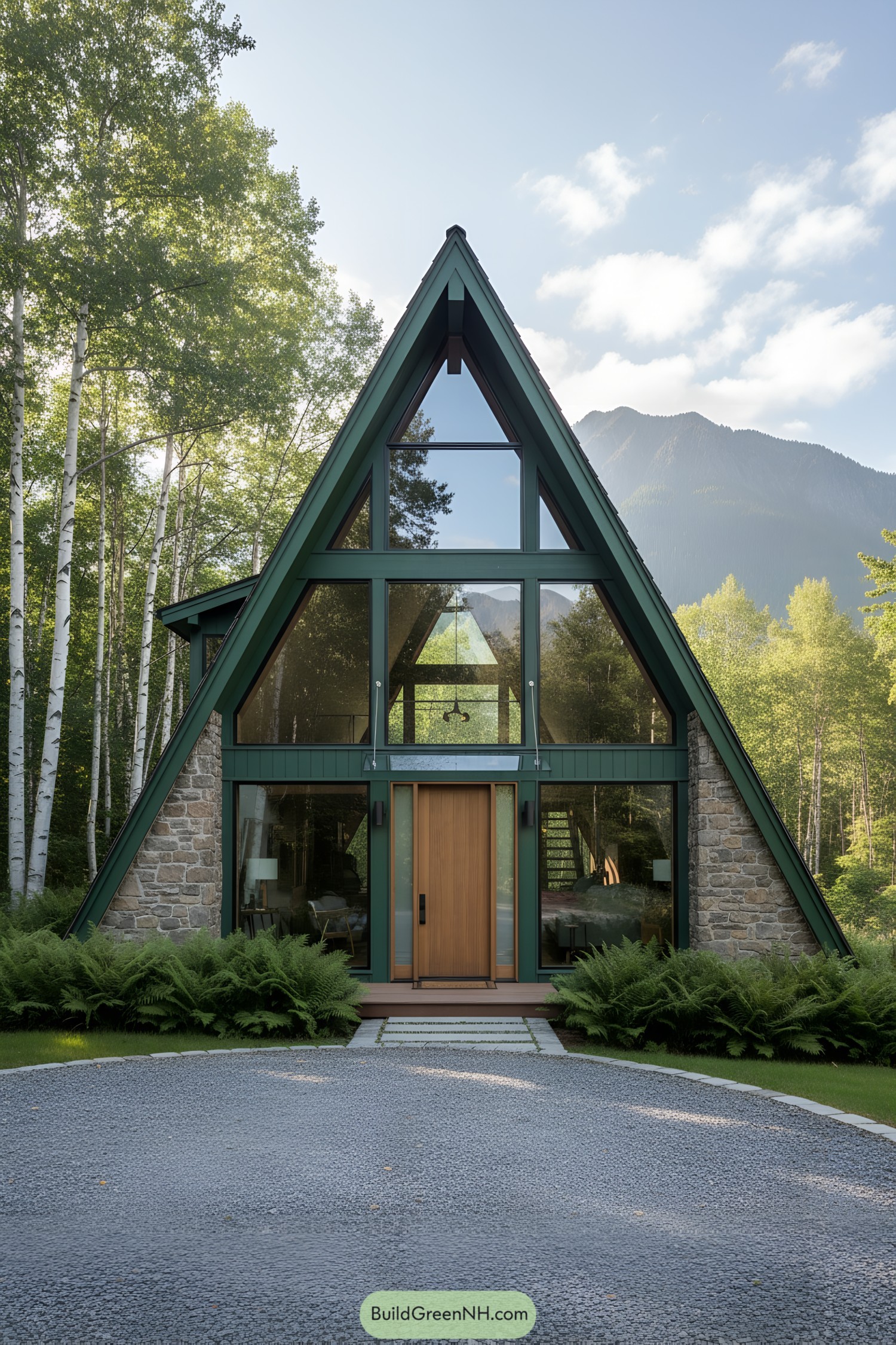 Modern A-frame house with stone and glass facade