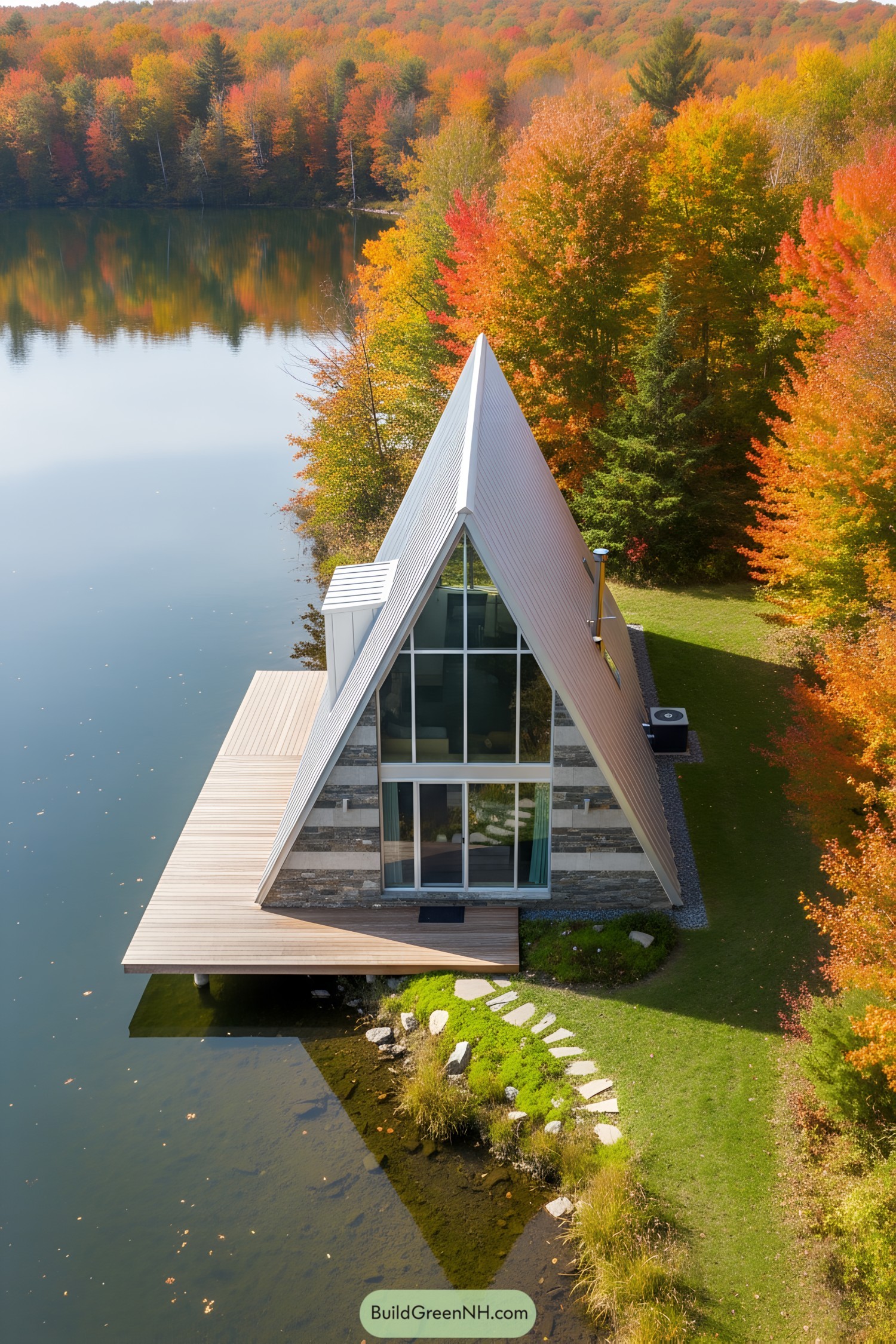 A-frame house with stone façade, large glass windows, and lake view