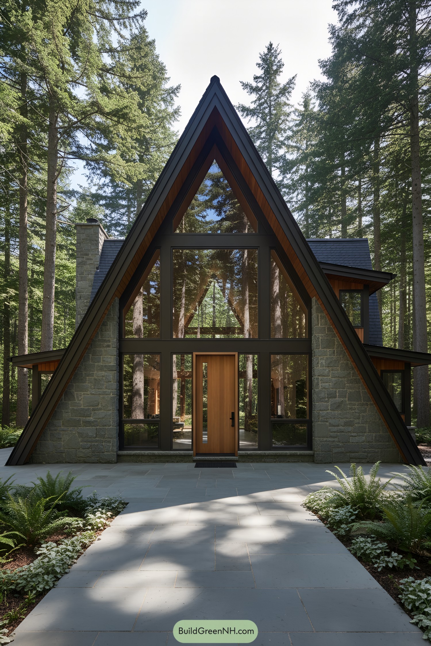 A-Frame house with stone facade and glass front