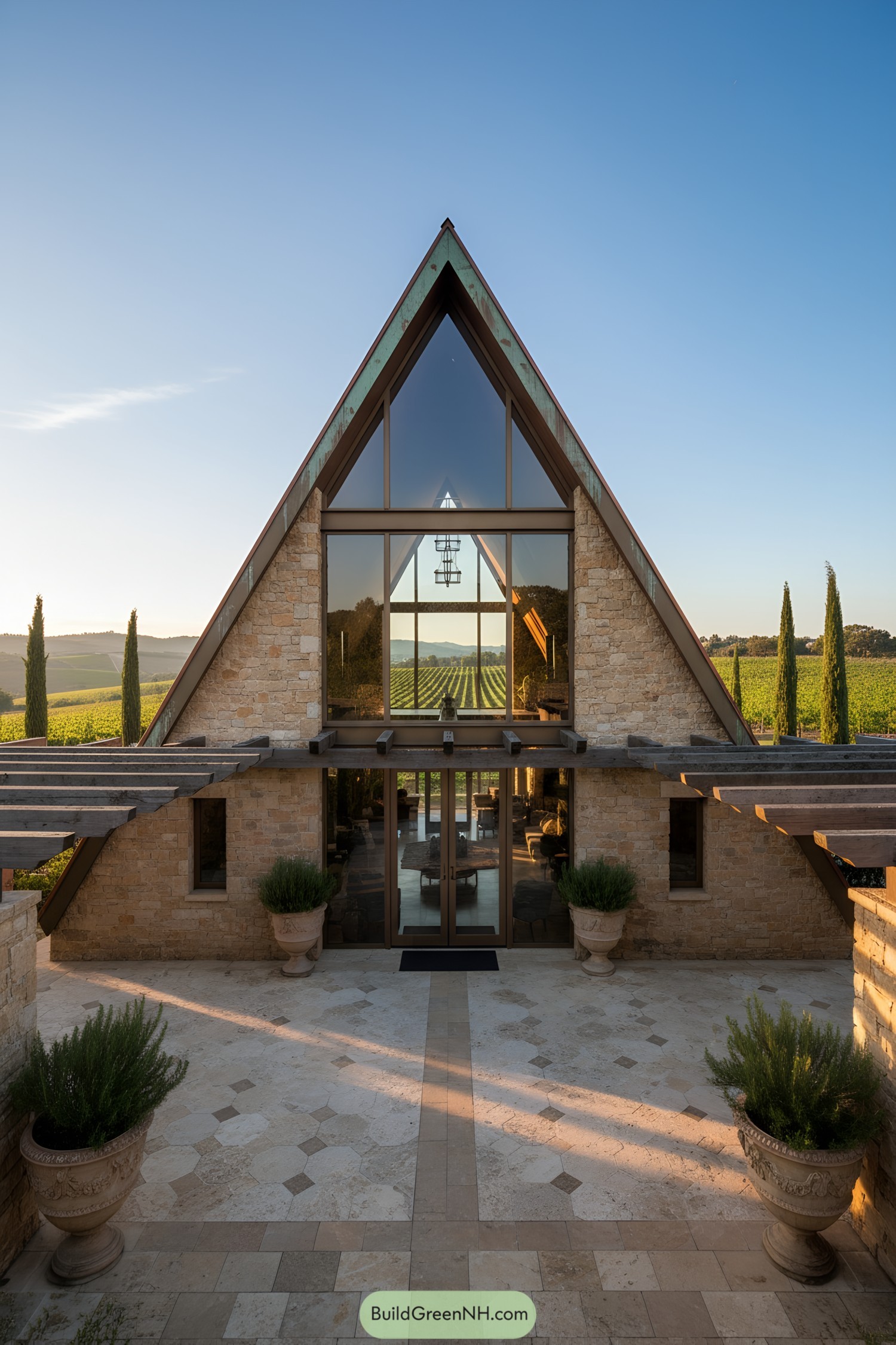 Modern A-Frame house with stone and glass facade under a clear blue sky