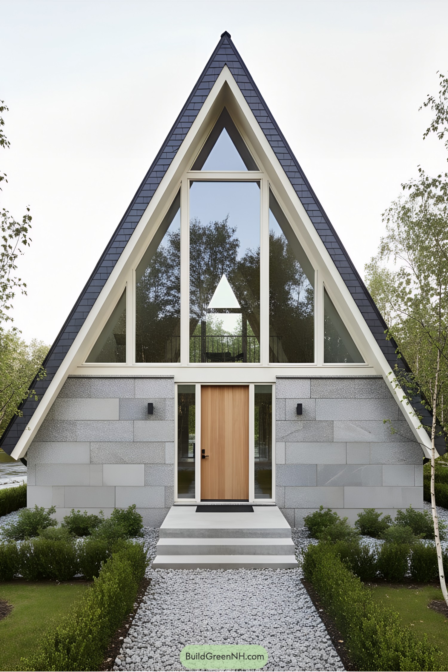 Modern A-frame house with stone and glass facade, surrounded by trees