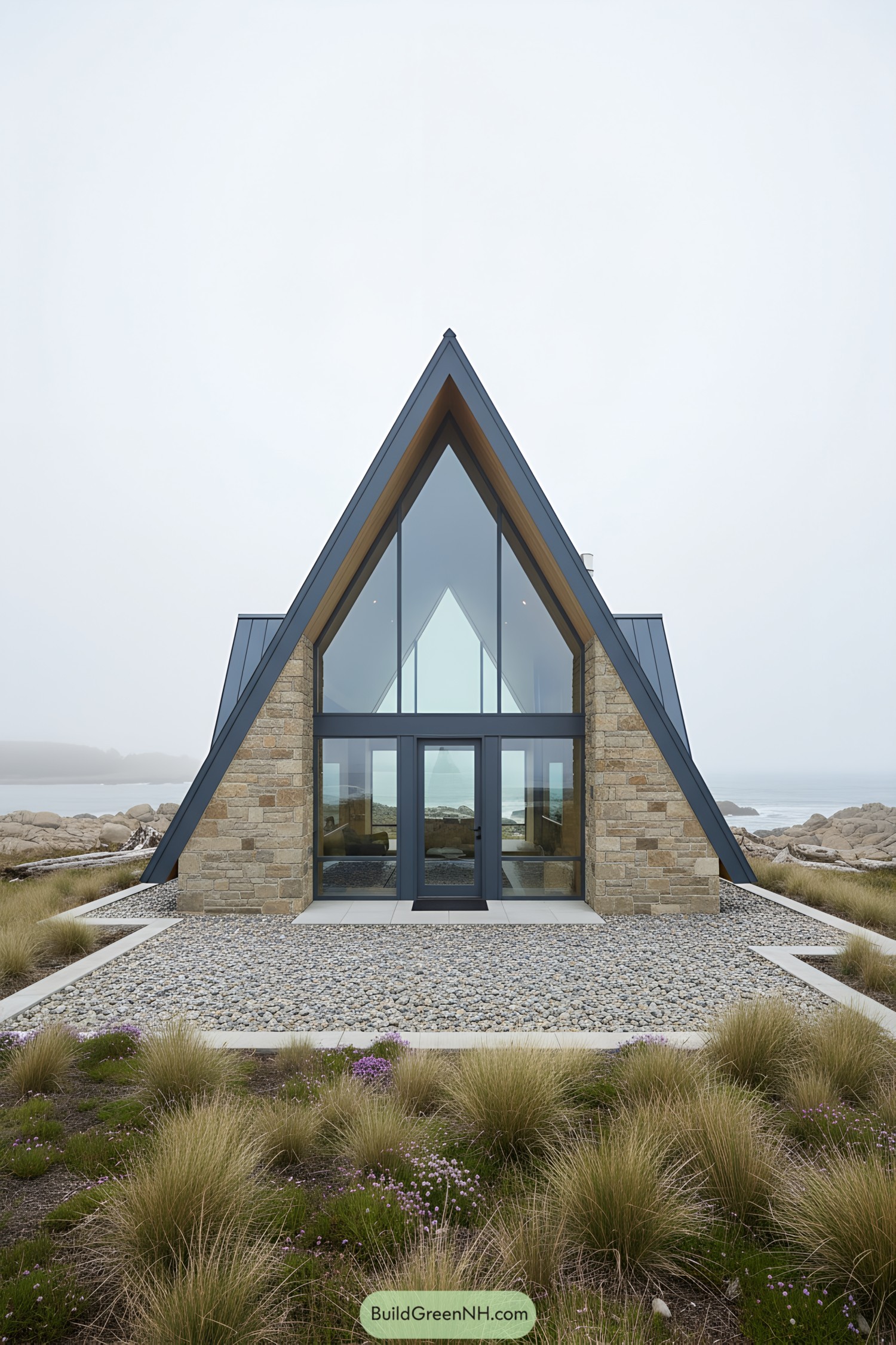A-frame house with a striking blend of stone and glass facade