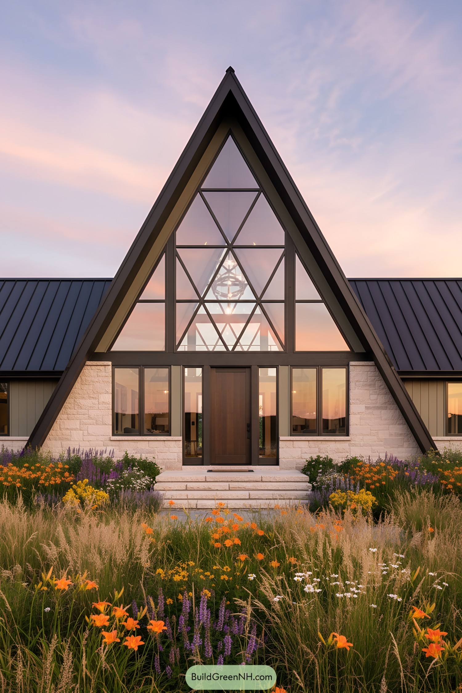 A-frame house with glass facade and stone accents at sunset