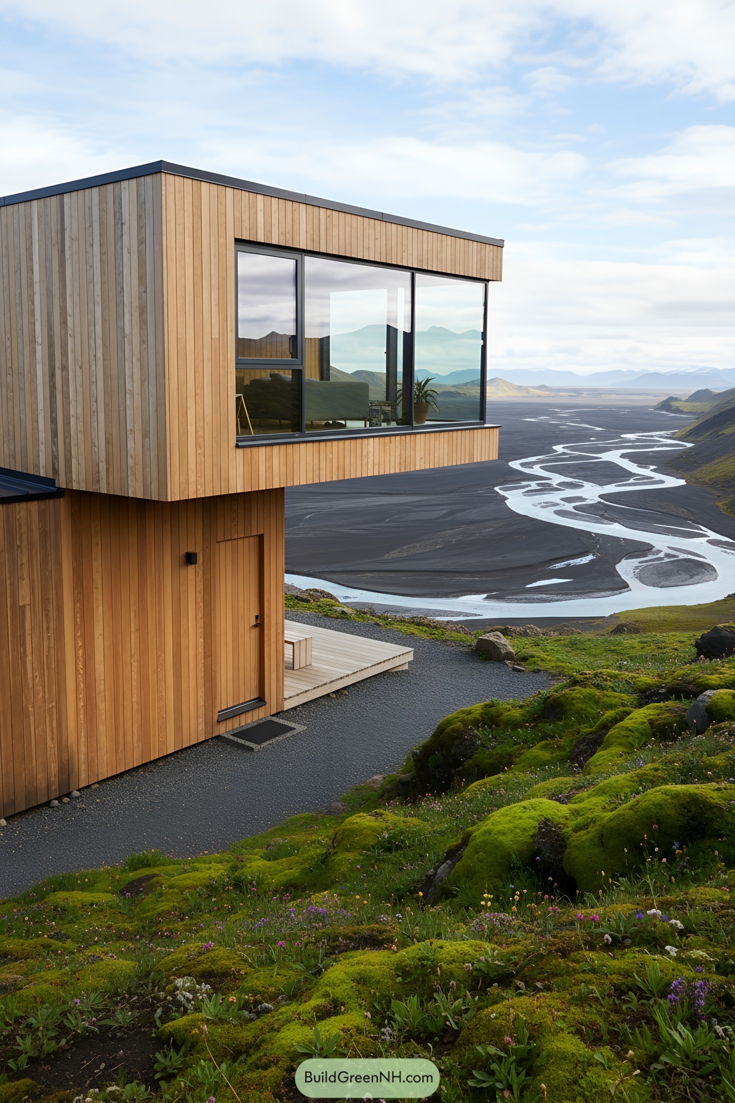 Modern cabin with large glass windows in an Icelandic landscape