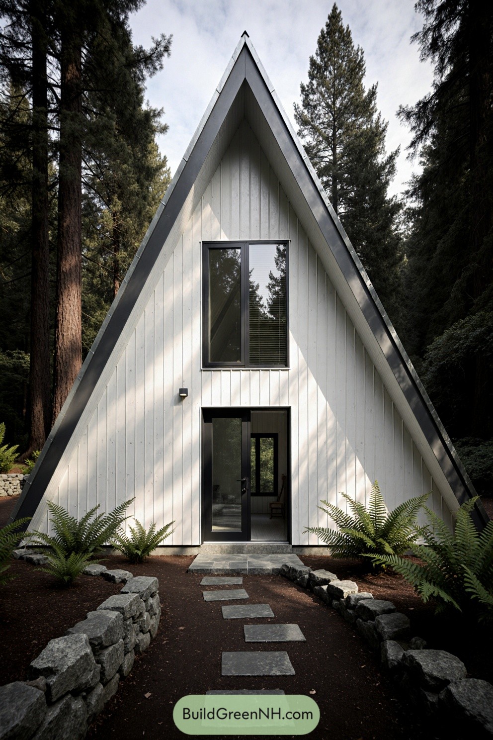 A cozy A-frame cabin nestled among tall trees