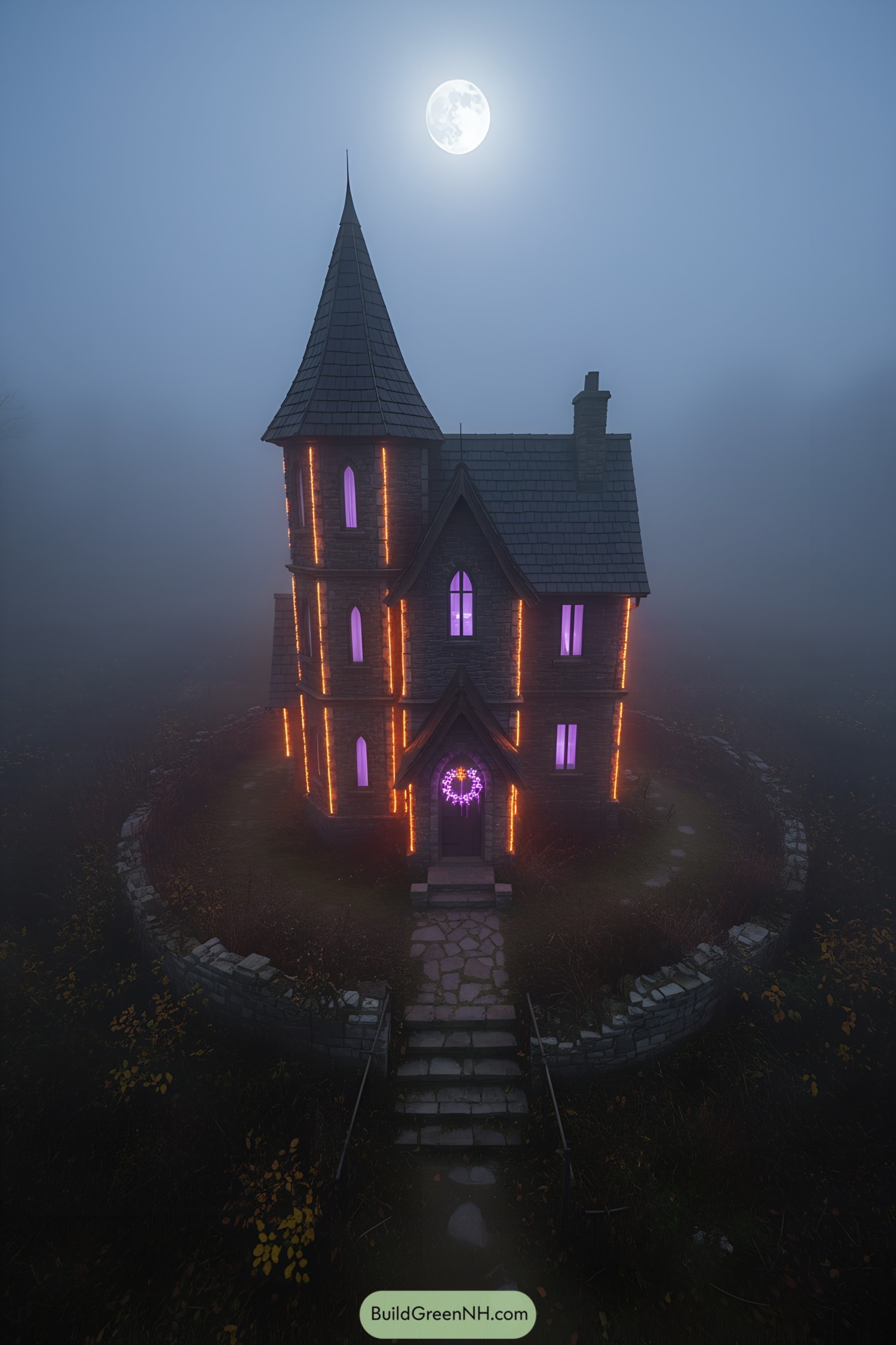 Gothic house glowing in misty forest under full moon