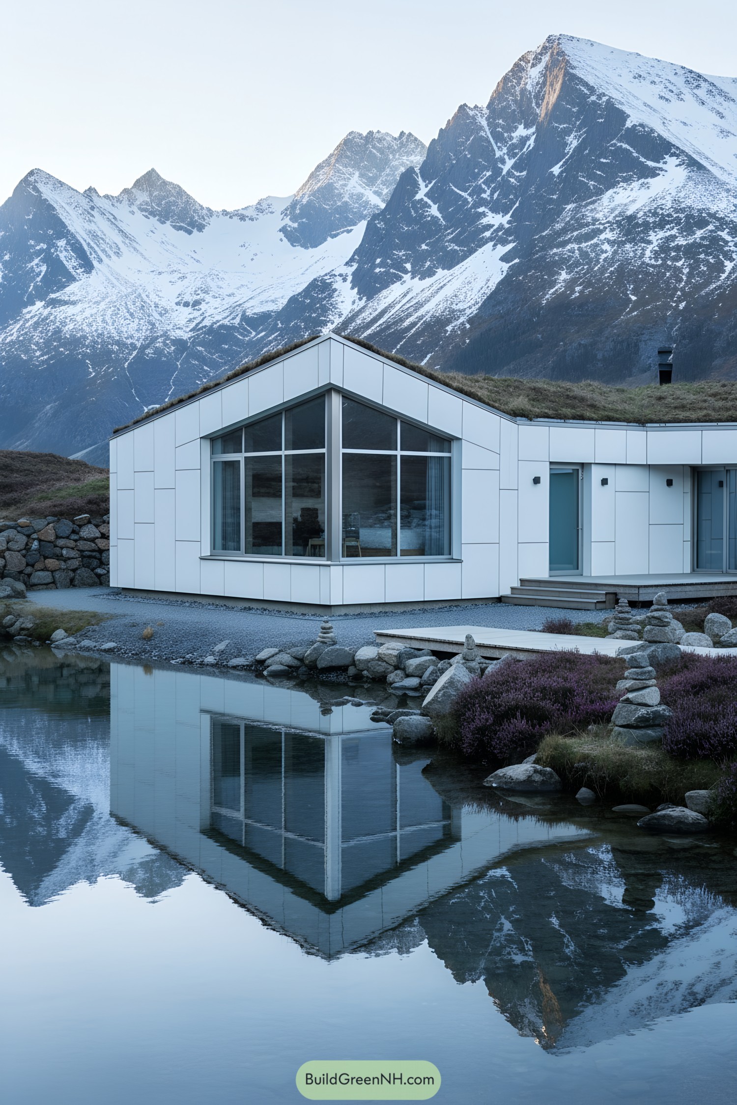Cabin with large glass windows reflecting in a tranquil pond, set against snowy Icelandic peaks
