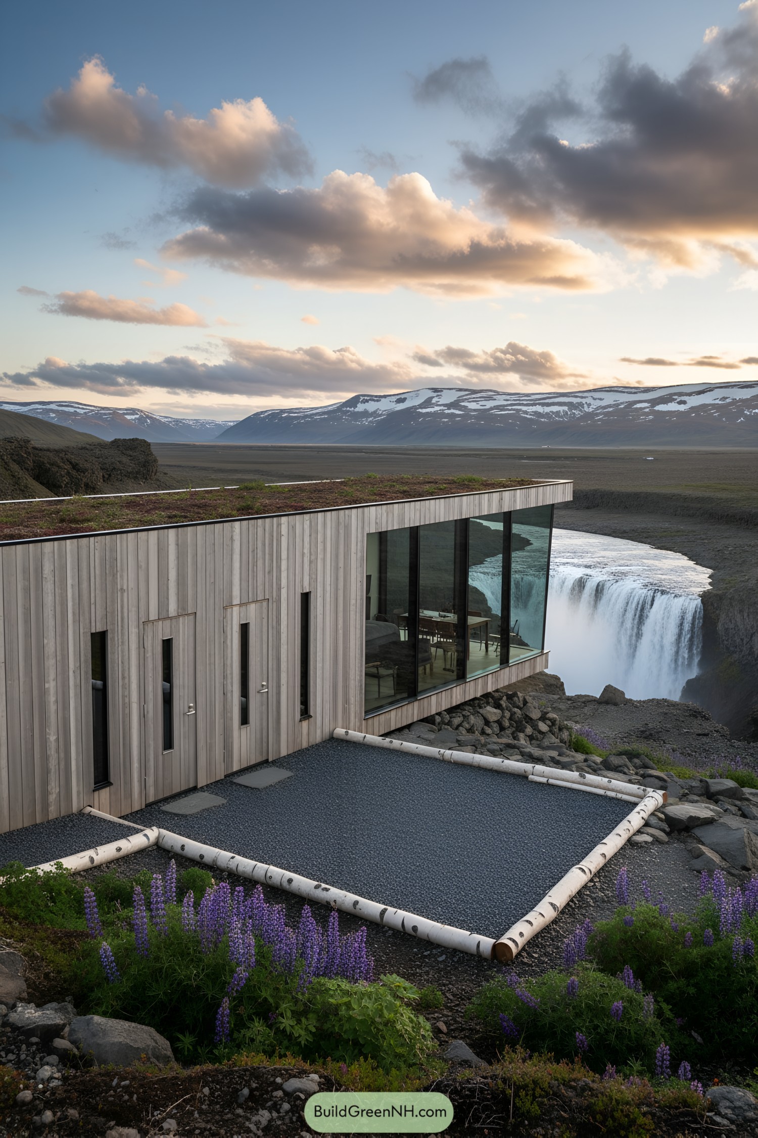 Modern cabin with glass walls overlooking a waterfall