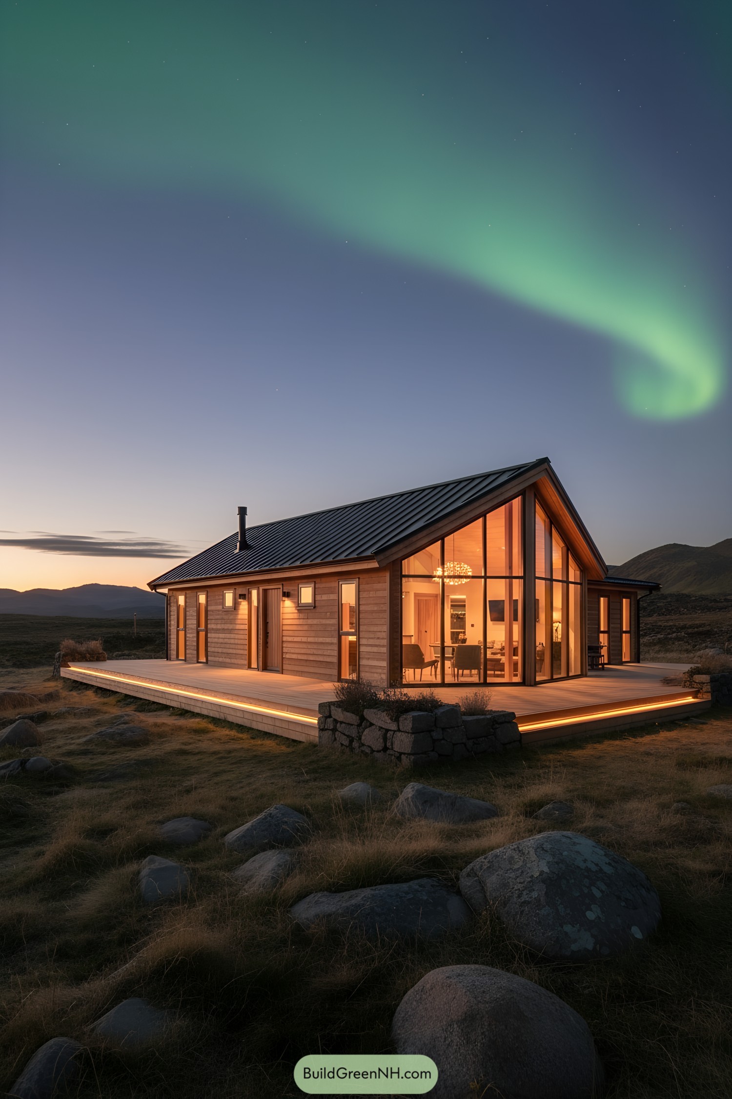 Panoramic glass cabin with the Northern Lights overhead