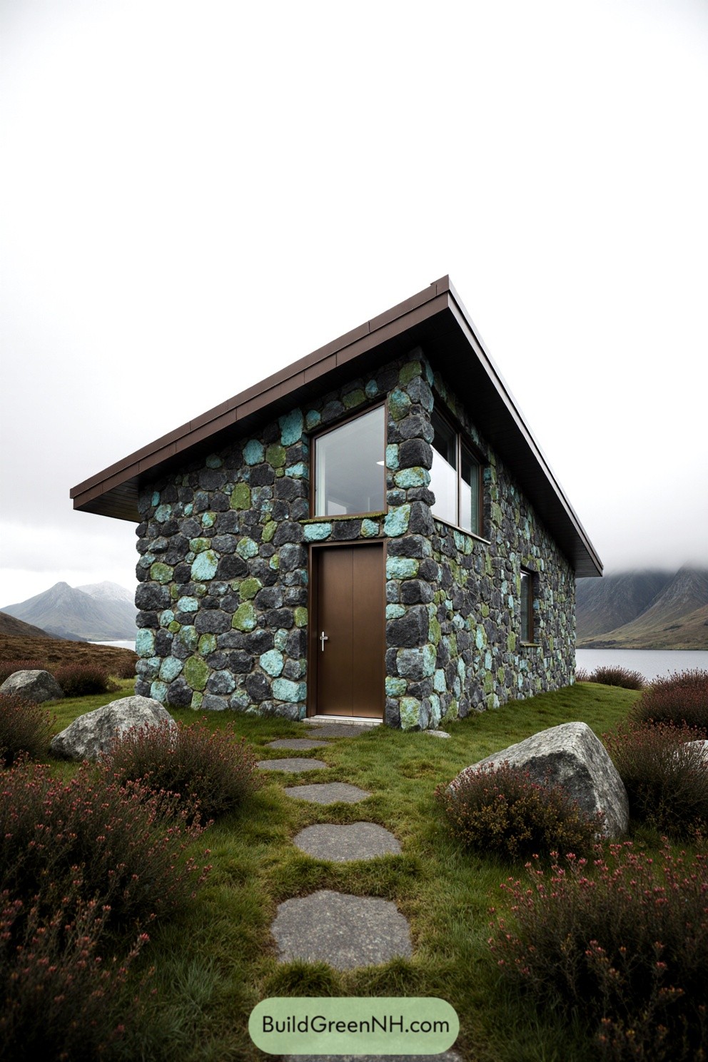 Stone cabin with colorful rock facade and sloped roof