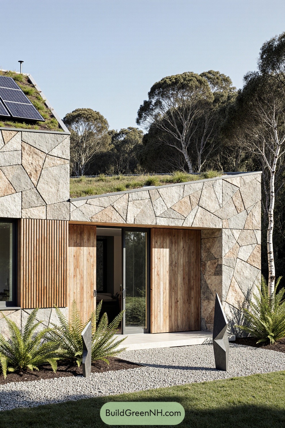 Modern house with timber slats and stone cladding
