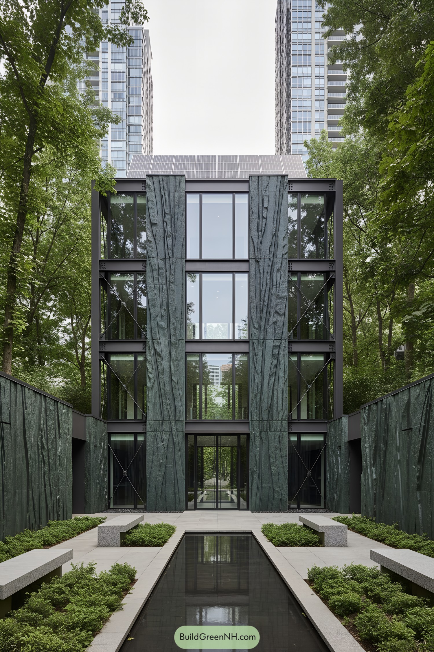 Facade of a building with a textured stone surface surrounded by greenery