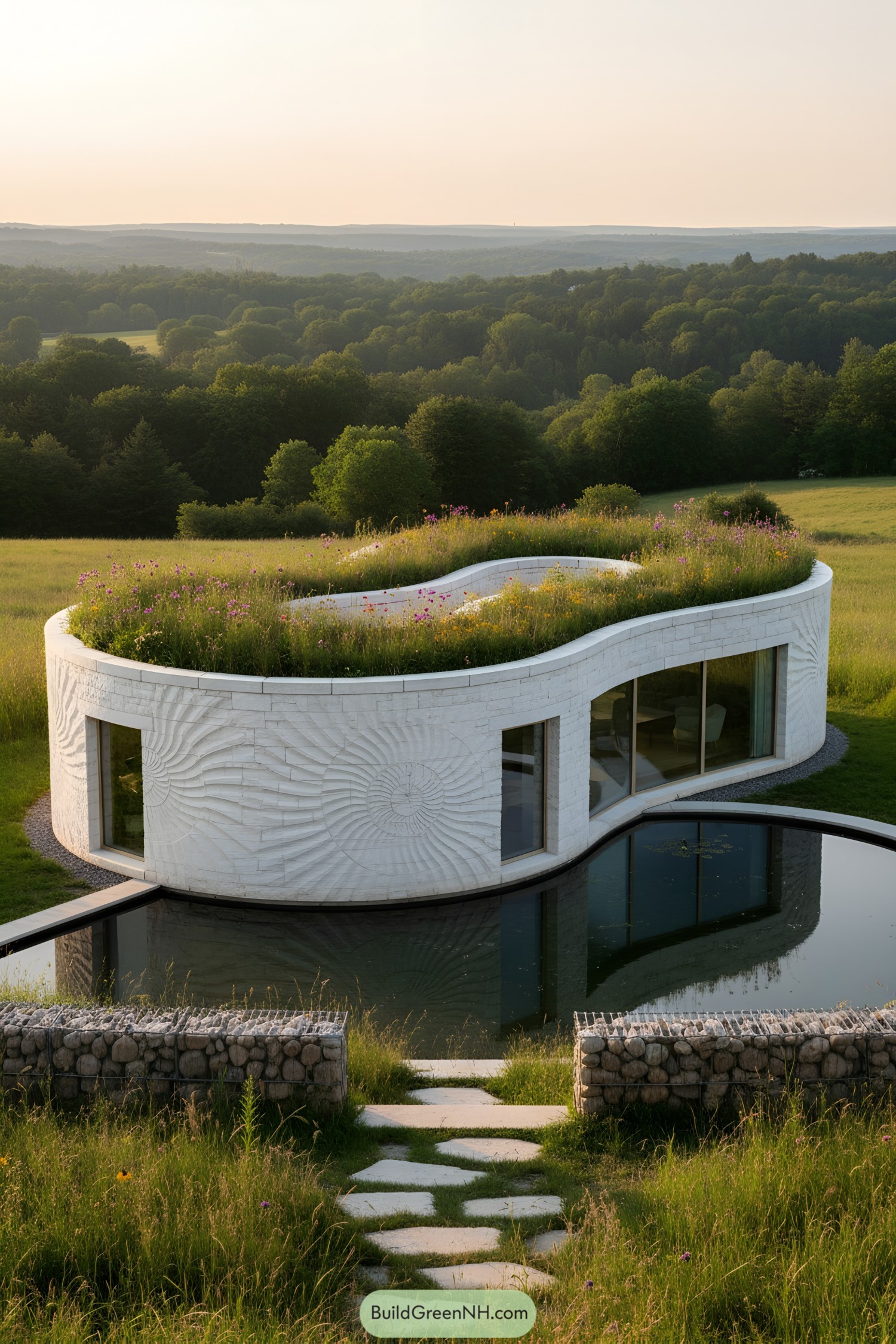 Modern building with a carved stone facade and green roof