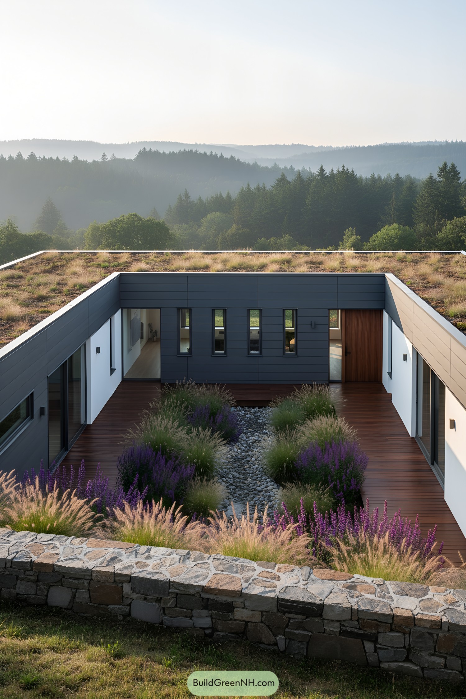 Modern U-shaped house on a hillside with courtyard and greenery
