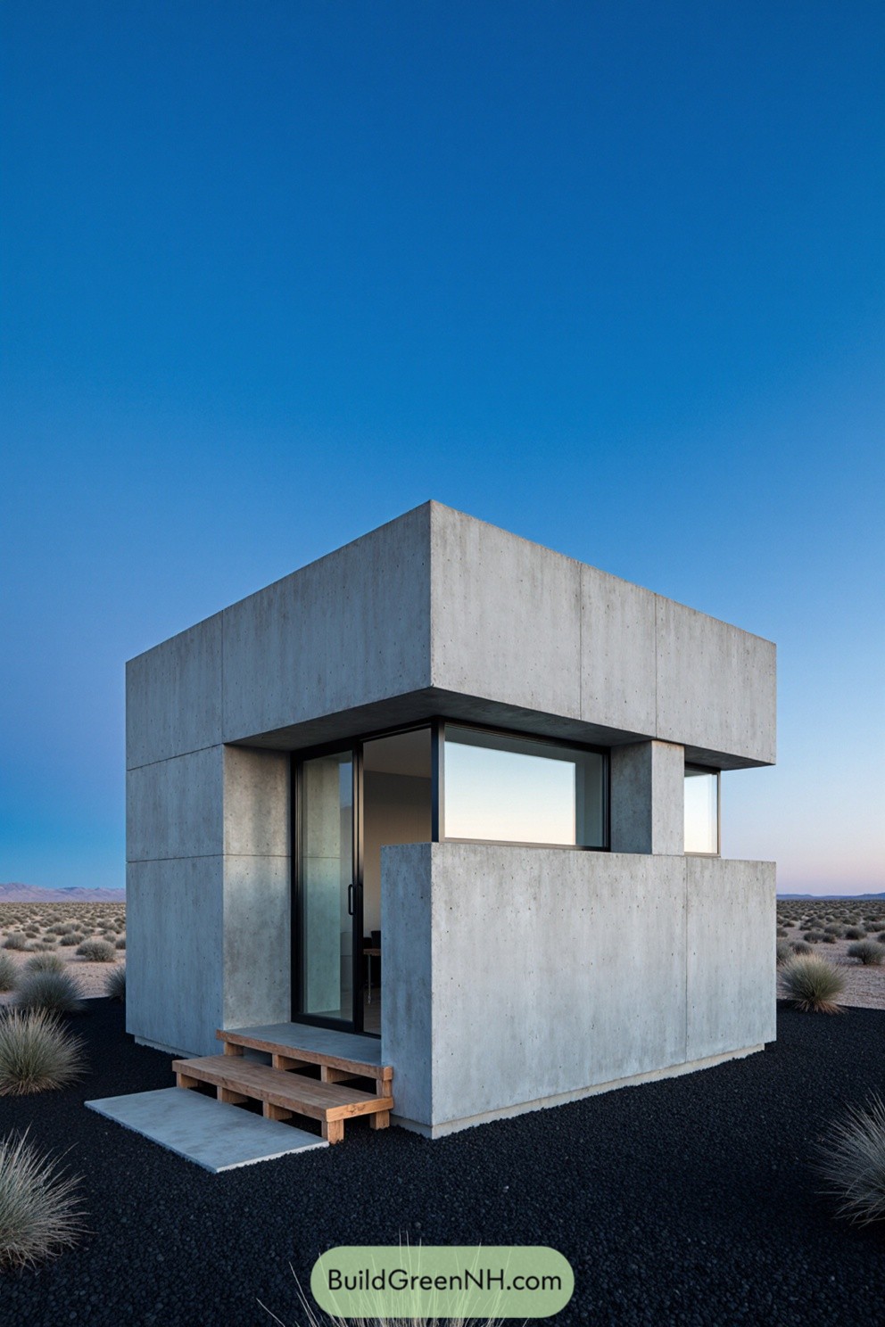 Minimalist concrete cabin in a desert landscape
