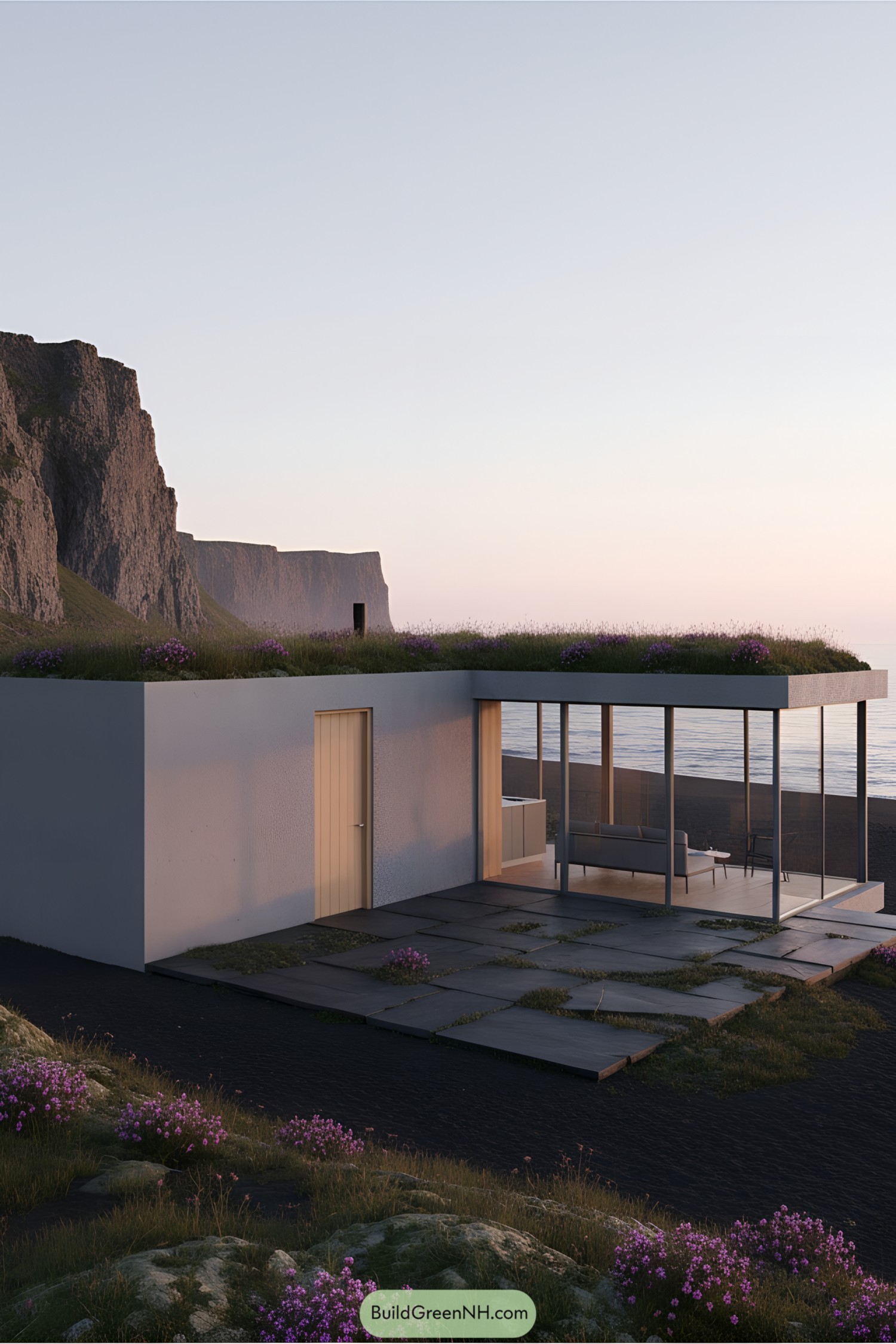 Modern cabin with glass walls and a green rooftop facing the ocean