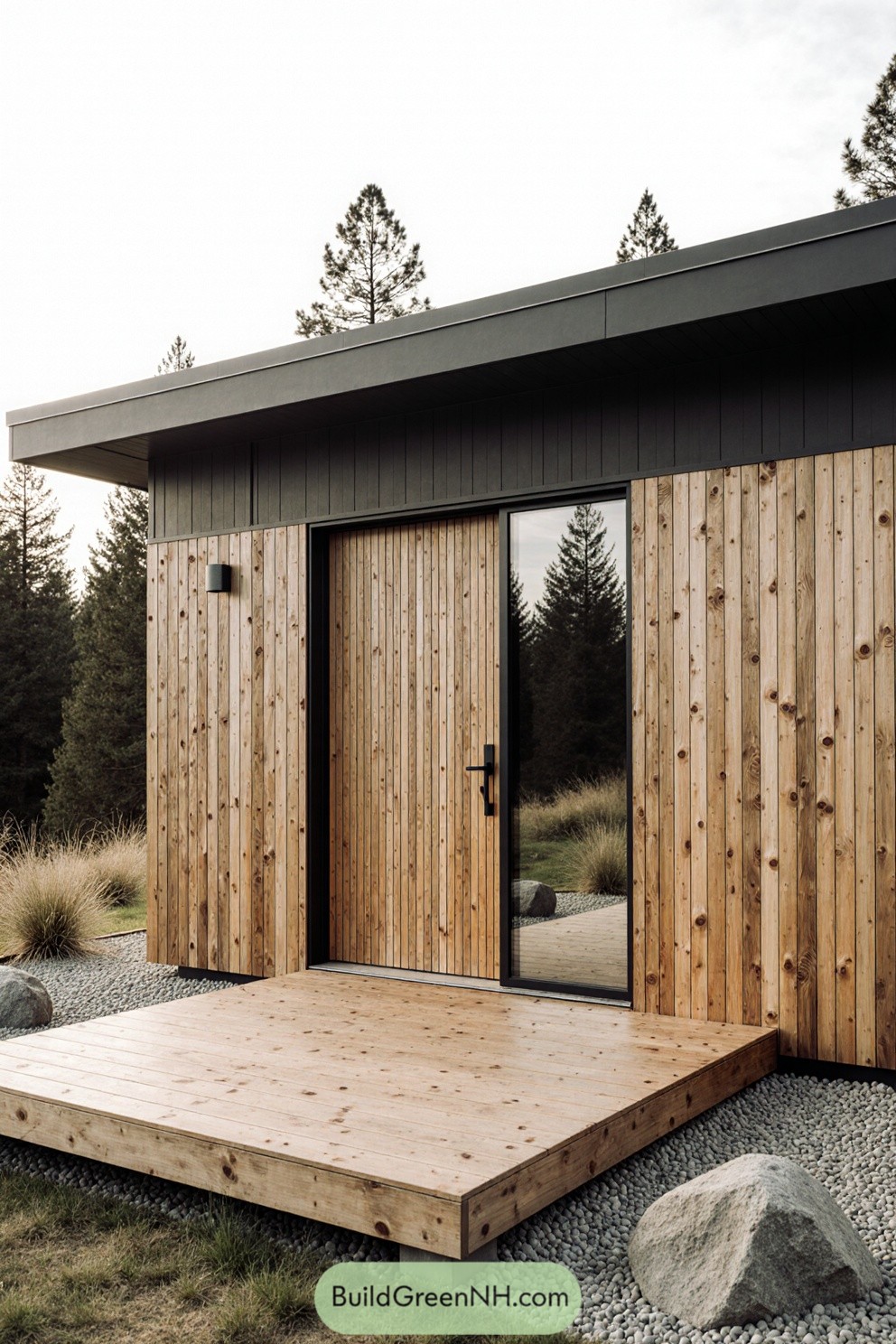 Modern cabin exterior with wood paneling and glass door