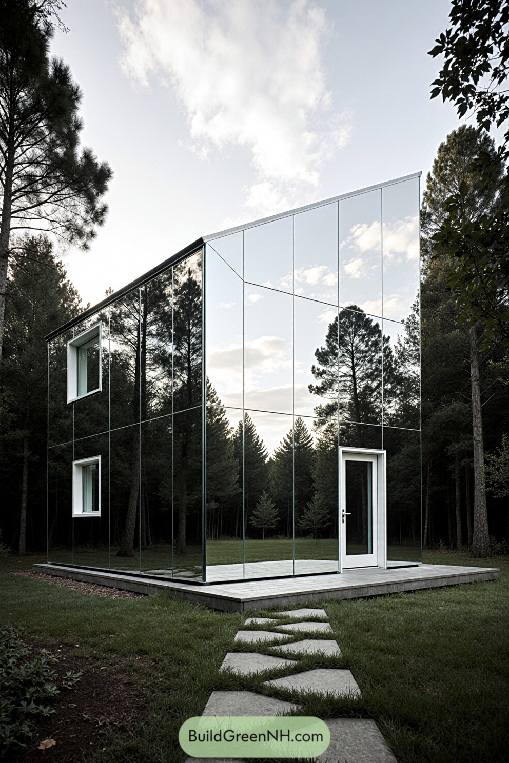 Reflective cube cabin surrounded by trees