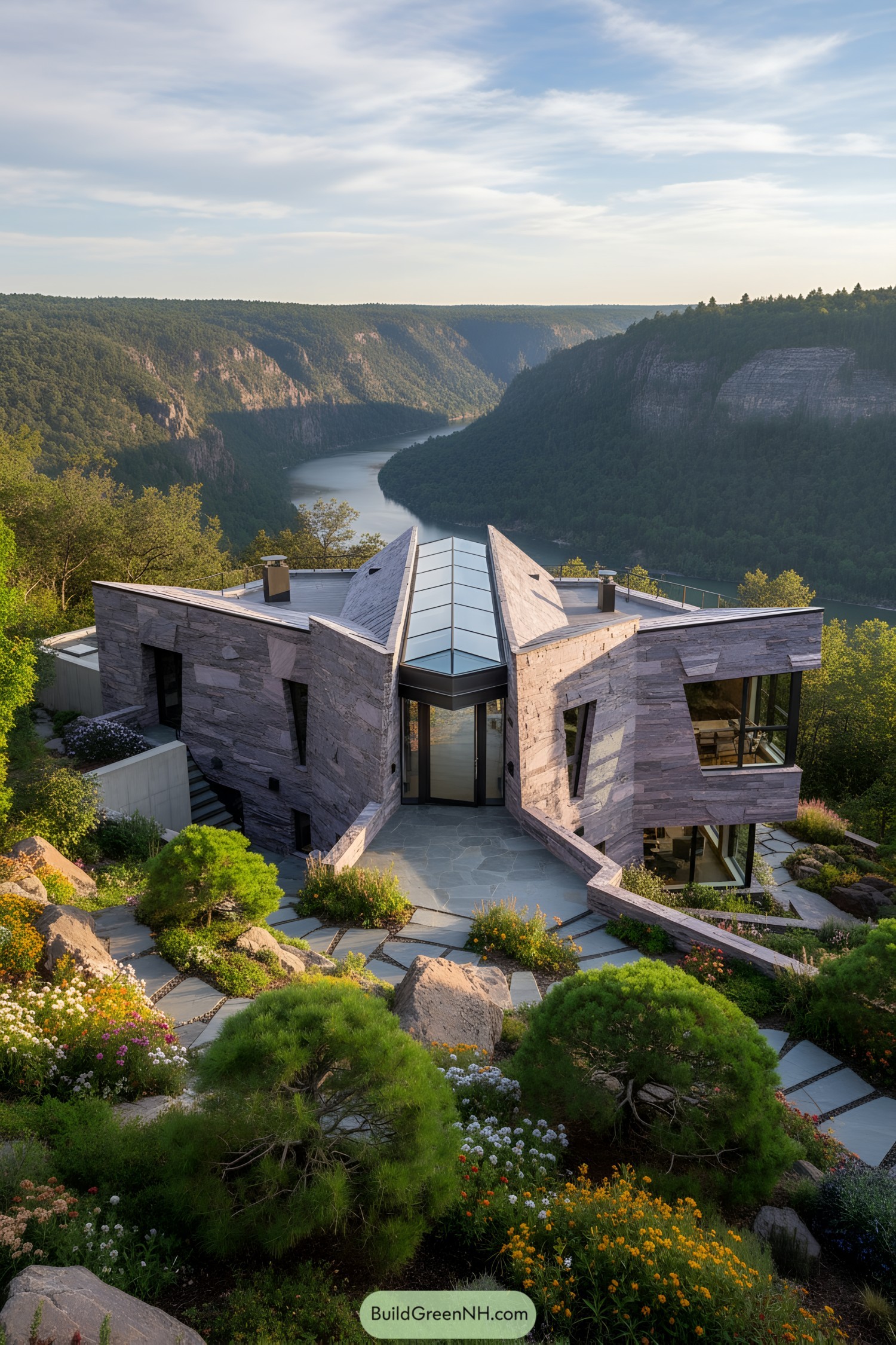 Modern stone house overlooking a river canyon