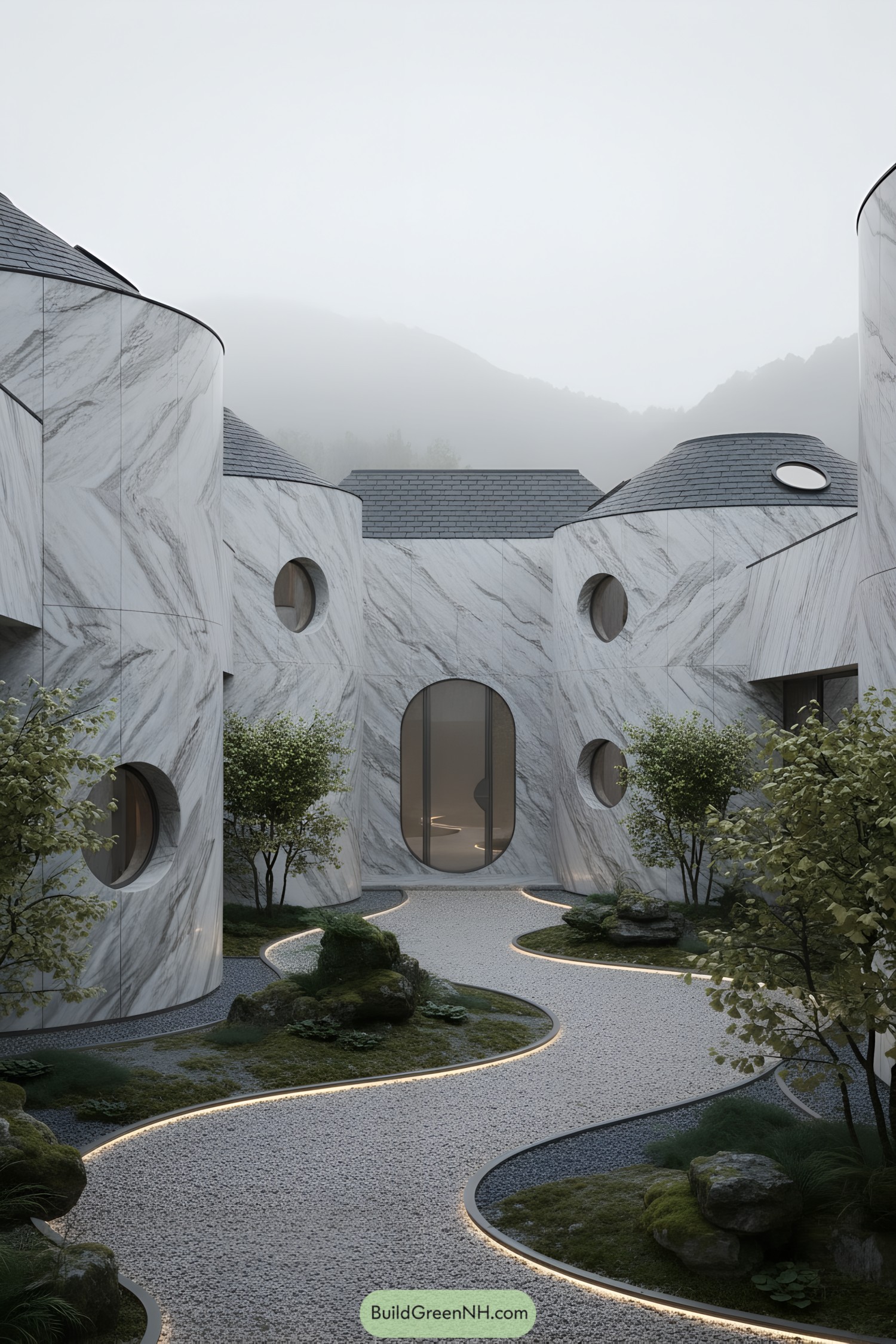 Round structures with stone facades in a misty setting
