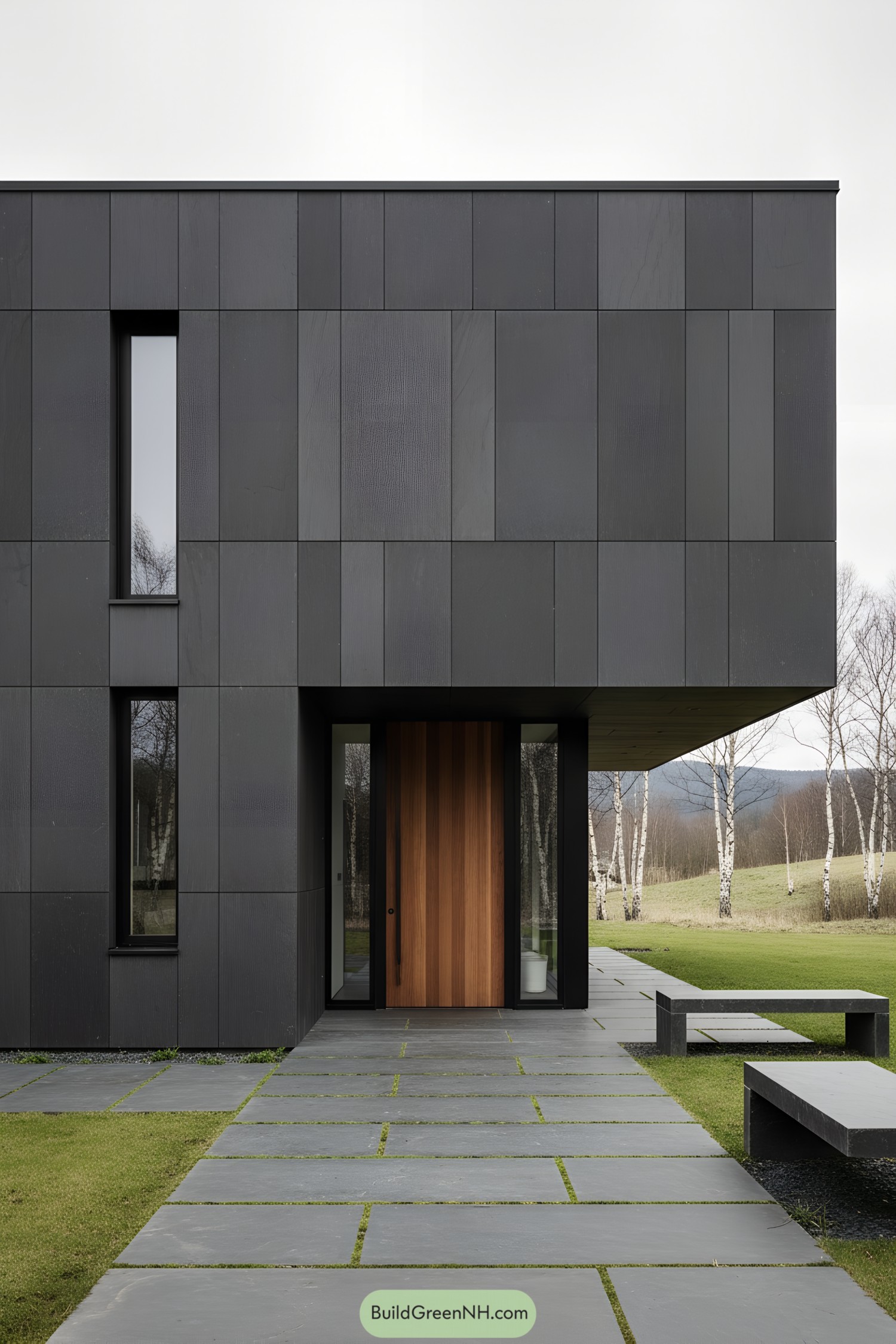 Contemporary house with dark stone facade and wooden door